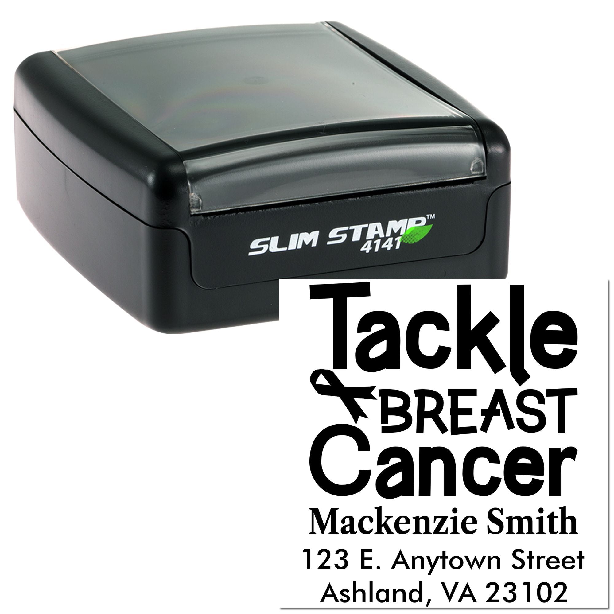 Custom self-inking rubber stamp for breast cancer awareness, featuring Tackle Breast Cancer message and return address.