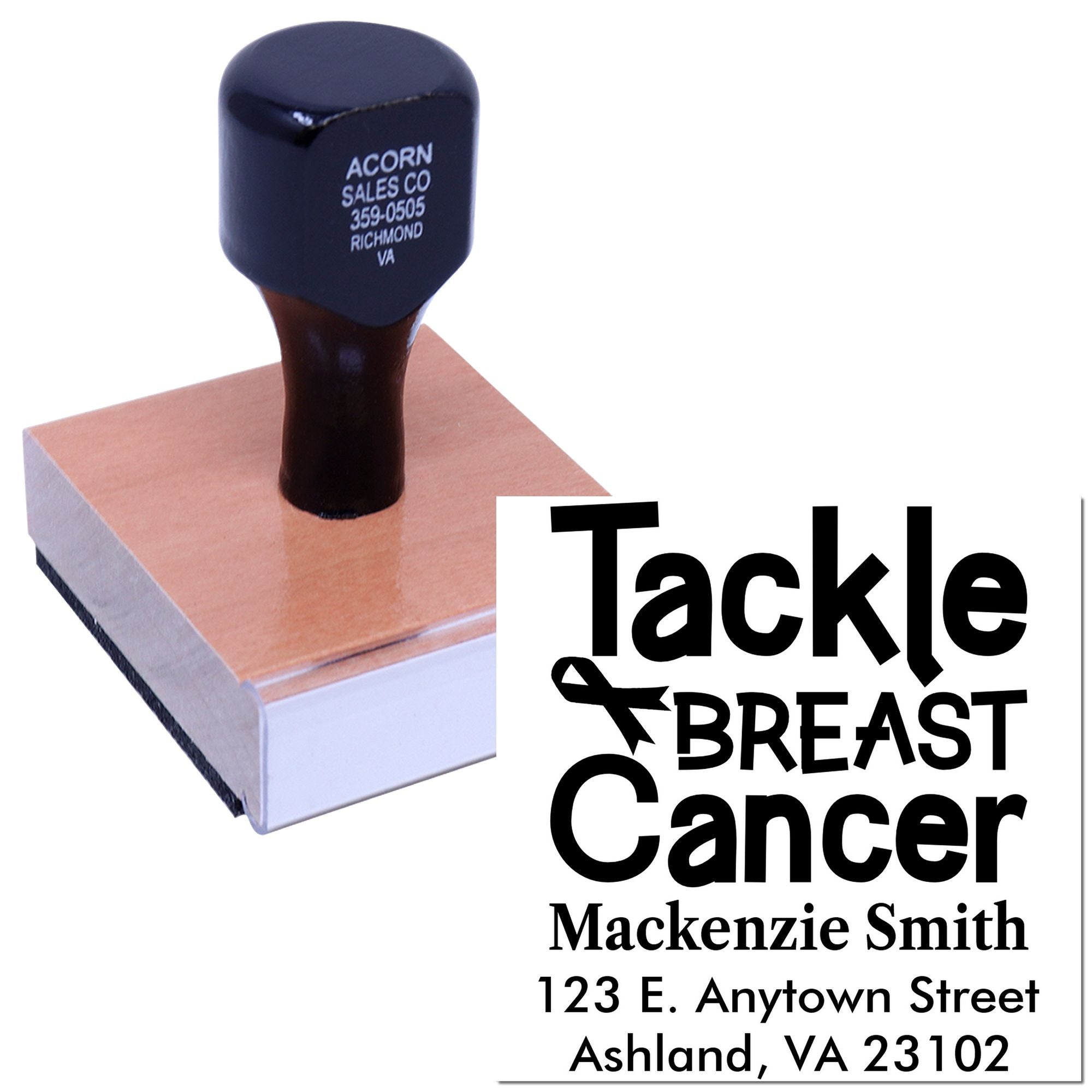Personalized rubber stamp for breast cancer awareness with Tackle Breast Cancer message, name, and address imprint.