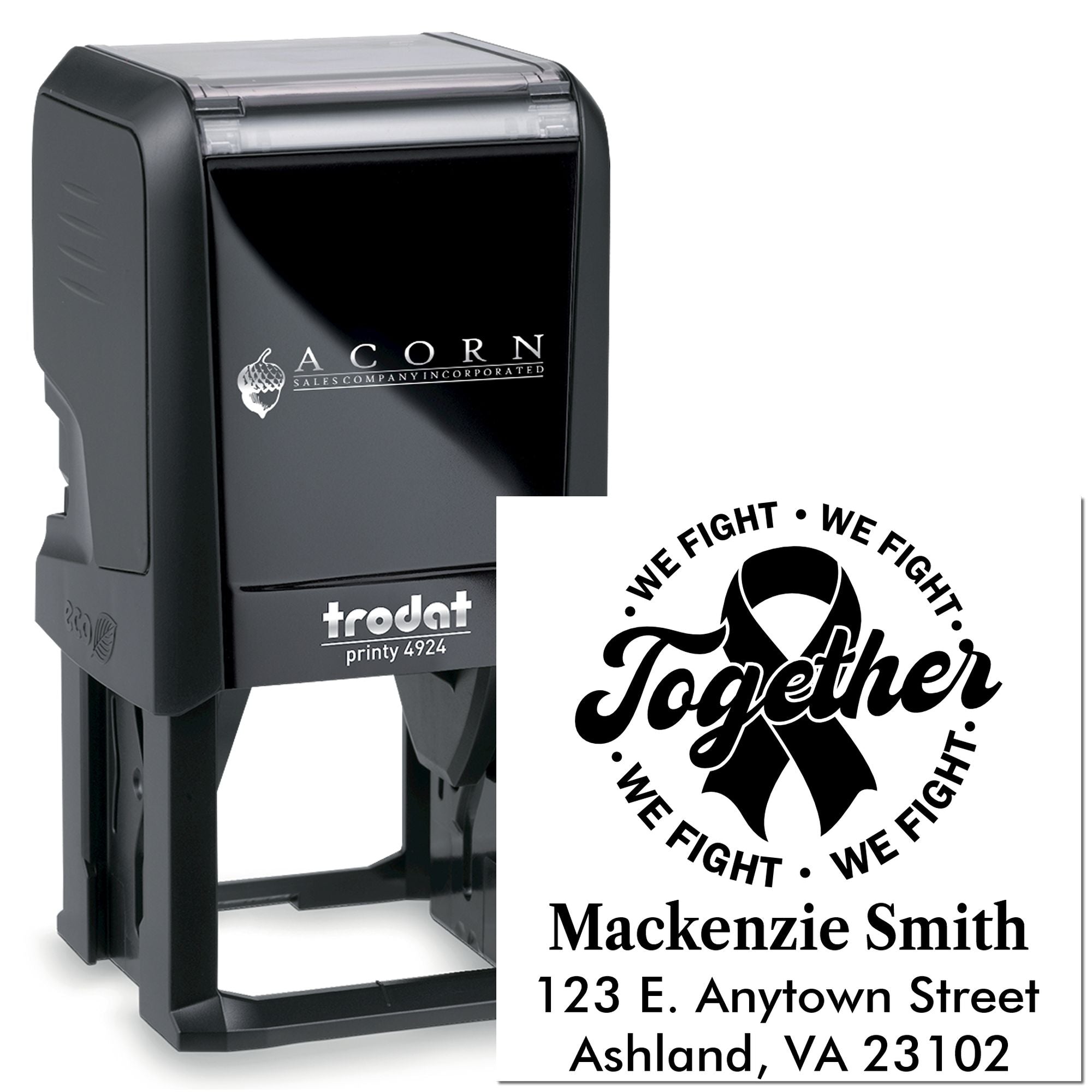 Custom self-inking rubber stamp with breast cancer awareness ribbon logo and return address for personalized mailing.