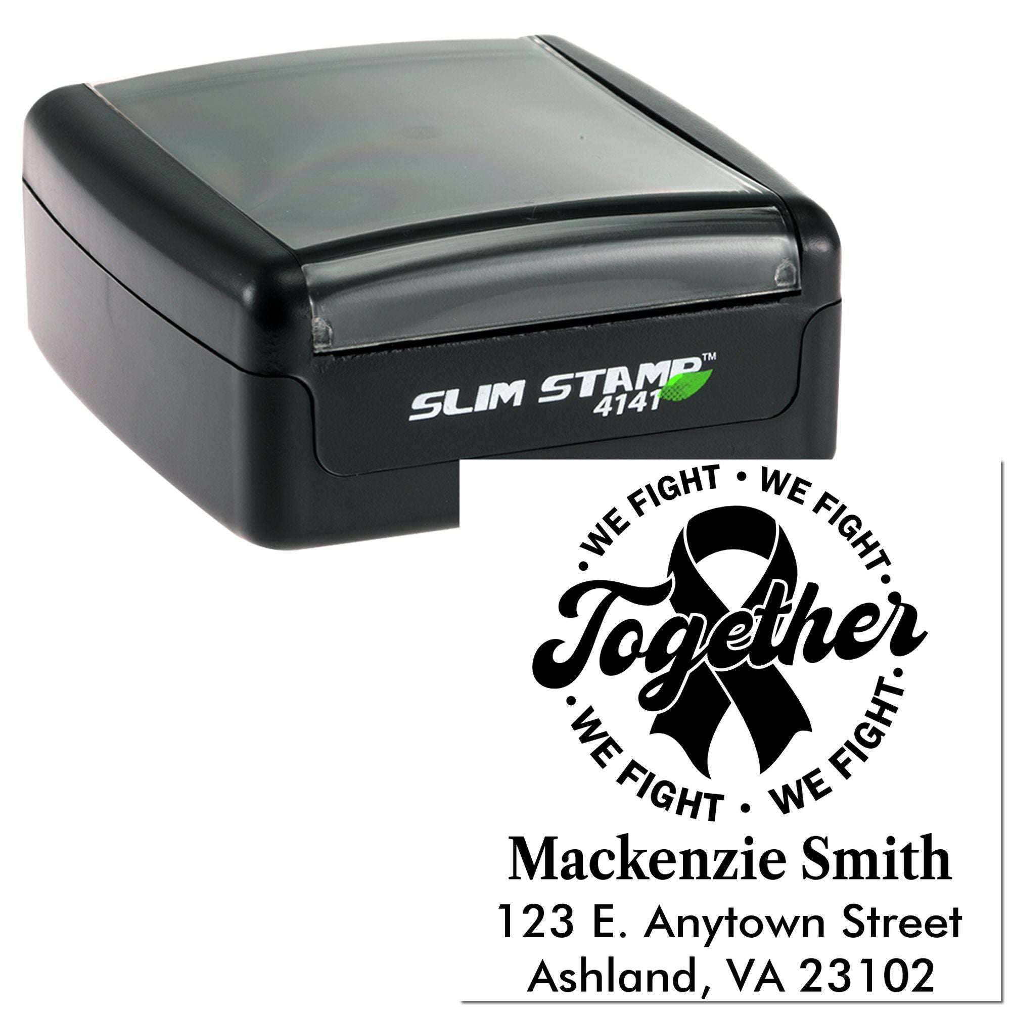Custom self-inking rubber stamp with breast cancer awareness ribbon logo and return address for personalized mailing