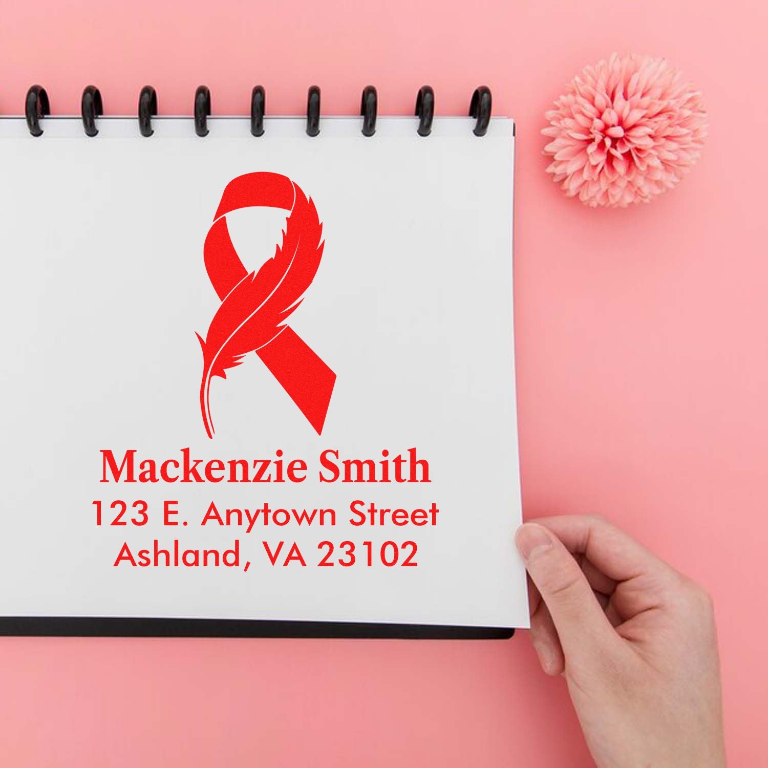 Custom breast cancer awareness ribbon address rubber stamp with name and mailing address