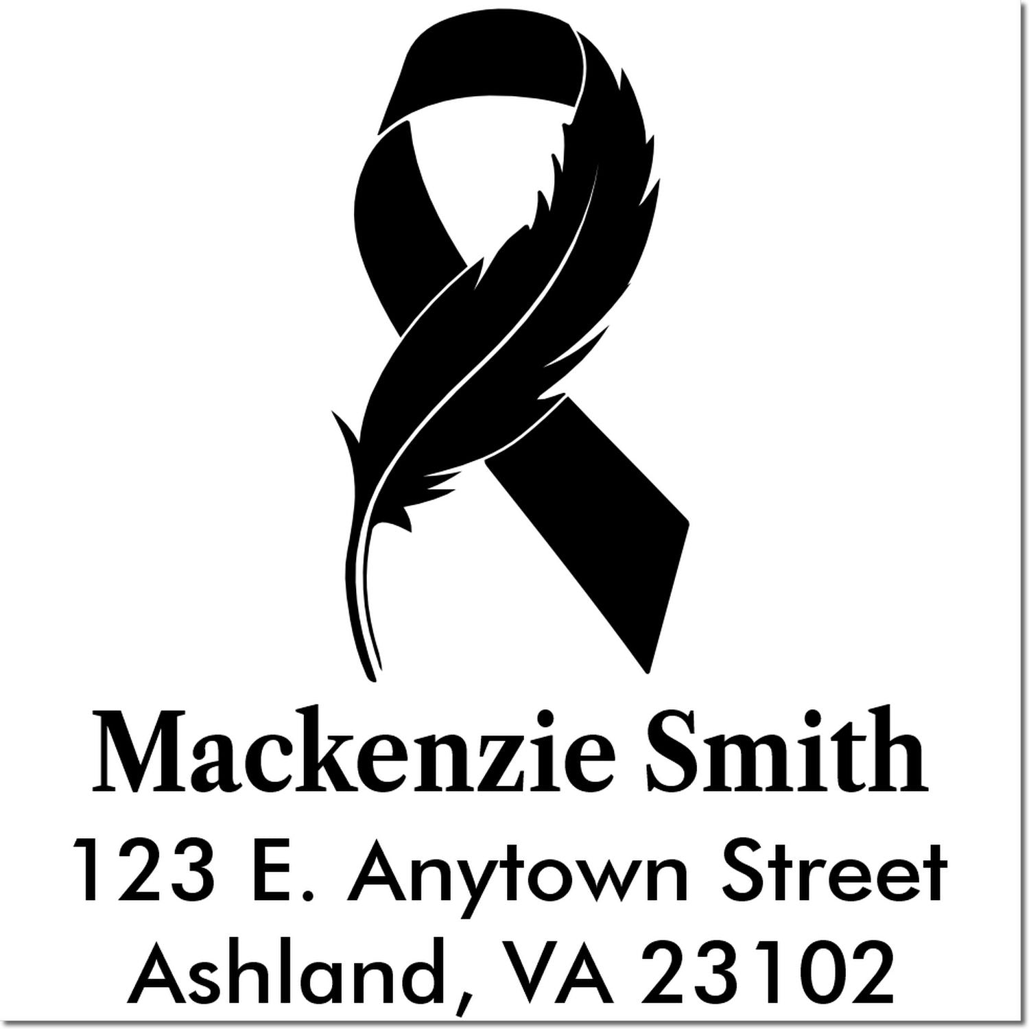 Custom rubber stamp for Mackenzie Smith with awareness ribbon and feather logo, address line, Ashland, VA 23102.