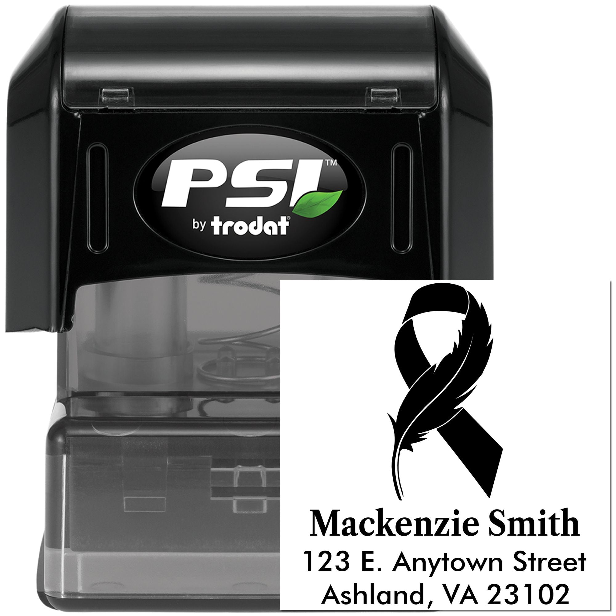 Self-inking PSI by Trodat rubber stamp with breast cancer ribbon and custom name and address for mailing labels.