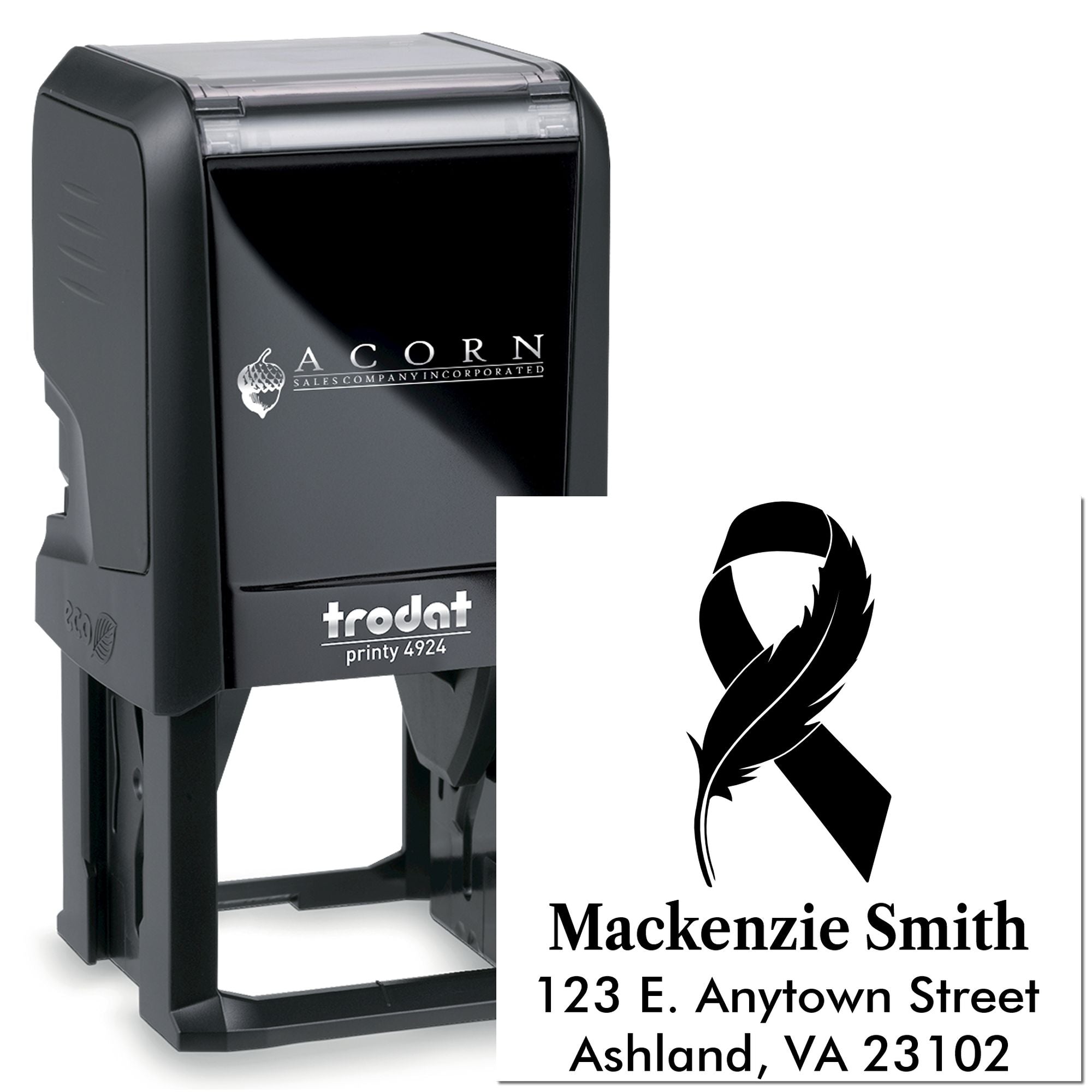 Custom self-inking rubber stamp with ribbon logo, name, and address for personalized return address use, Trodat Printy 4924.