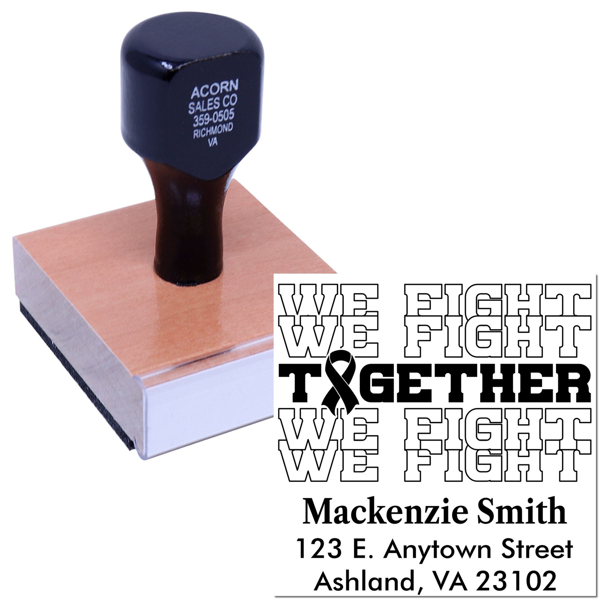 Custom rubber stamp design featuring We Fight Together cancer awareness message and address imprint preview.