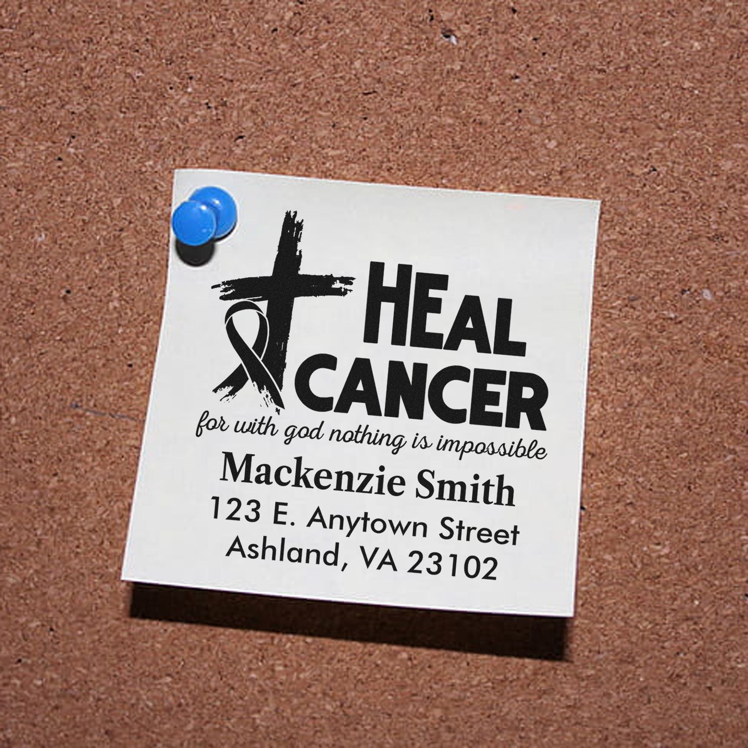 Custom rubber stamp design with "Heal Cancer" awareness ribbon, cross, and personalized name and address.
