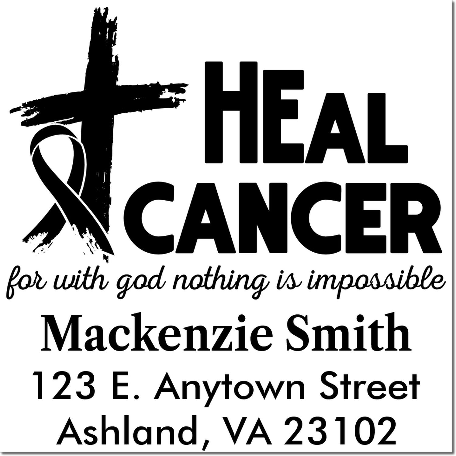 Personalized cancer awareness rubber stamp with cross and ribbon, Heal Cancer message, name, and address.