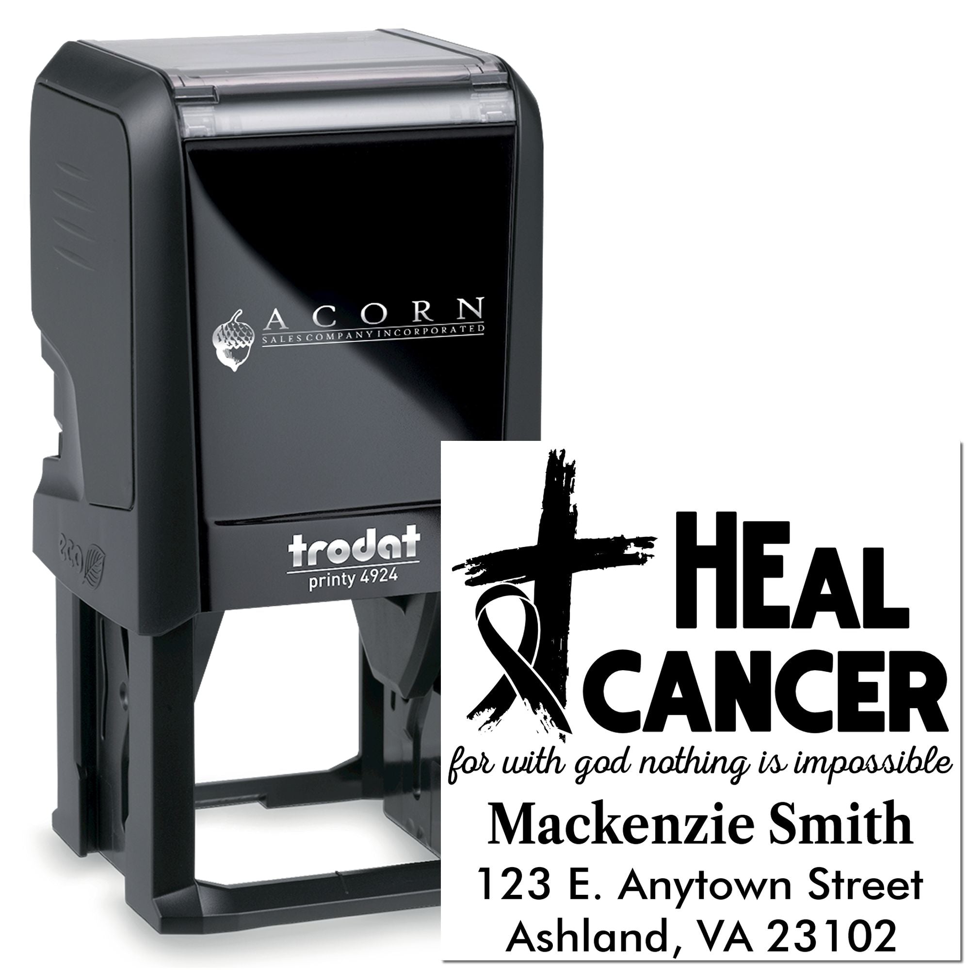 Custom self-inking rubber stamp with Heal Cancer ribbon design and return address imprint, Trodat Printy 4924.