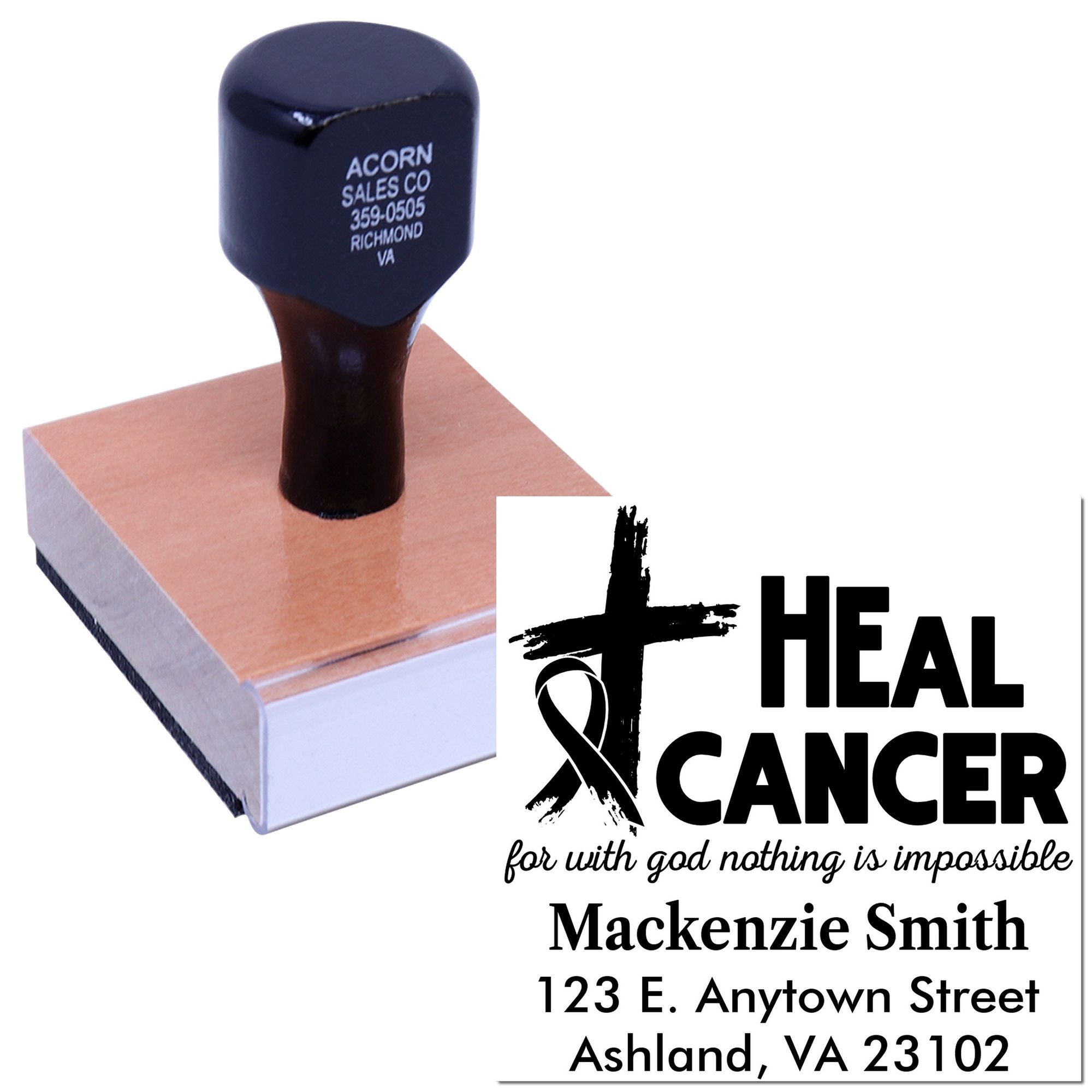 Custom rubber stamp for cancer awareness and ministry mailings with Heal Cancer return address design.