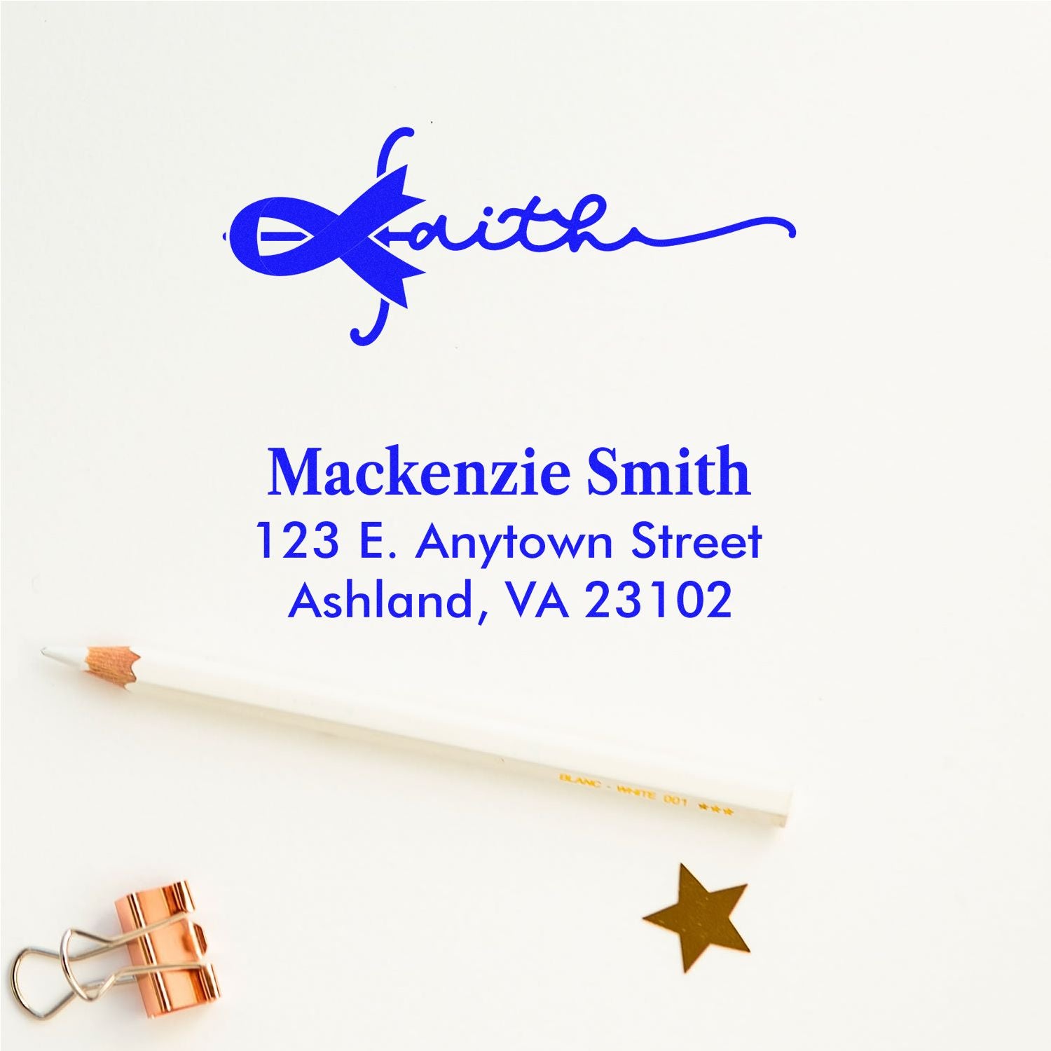Personalized Christian faith return address rubber stamp with fish cross logo, name, and address.
