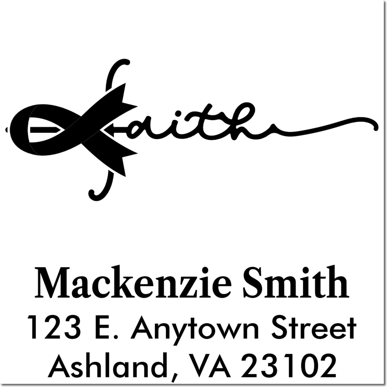 Custom Christian return address rubber stamp with fish faith symbol, Mackenzie Smith, 123 E. Anytown Street, Ashland, VA 23102