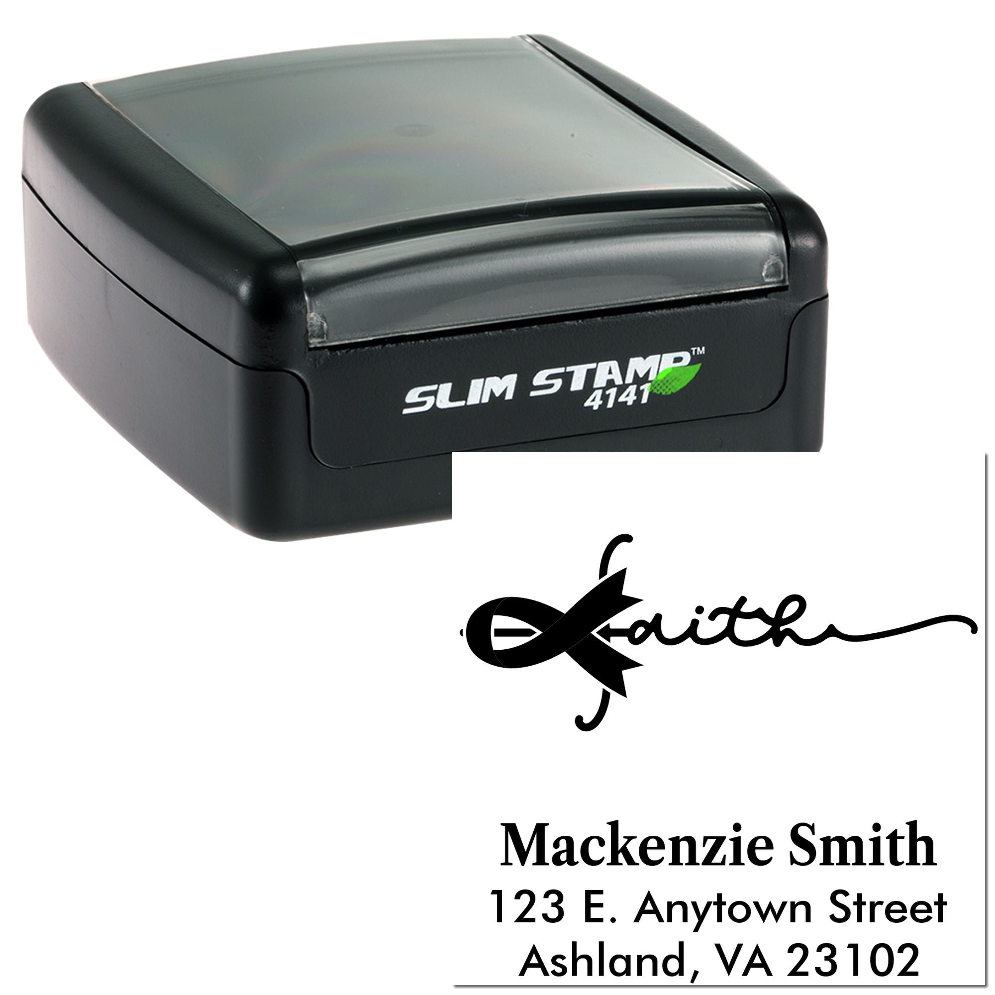 Custom self-inking rubber stamp with faith design and personalized address for Mackenzie Smith, Ashland, VA 23102
