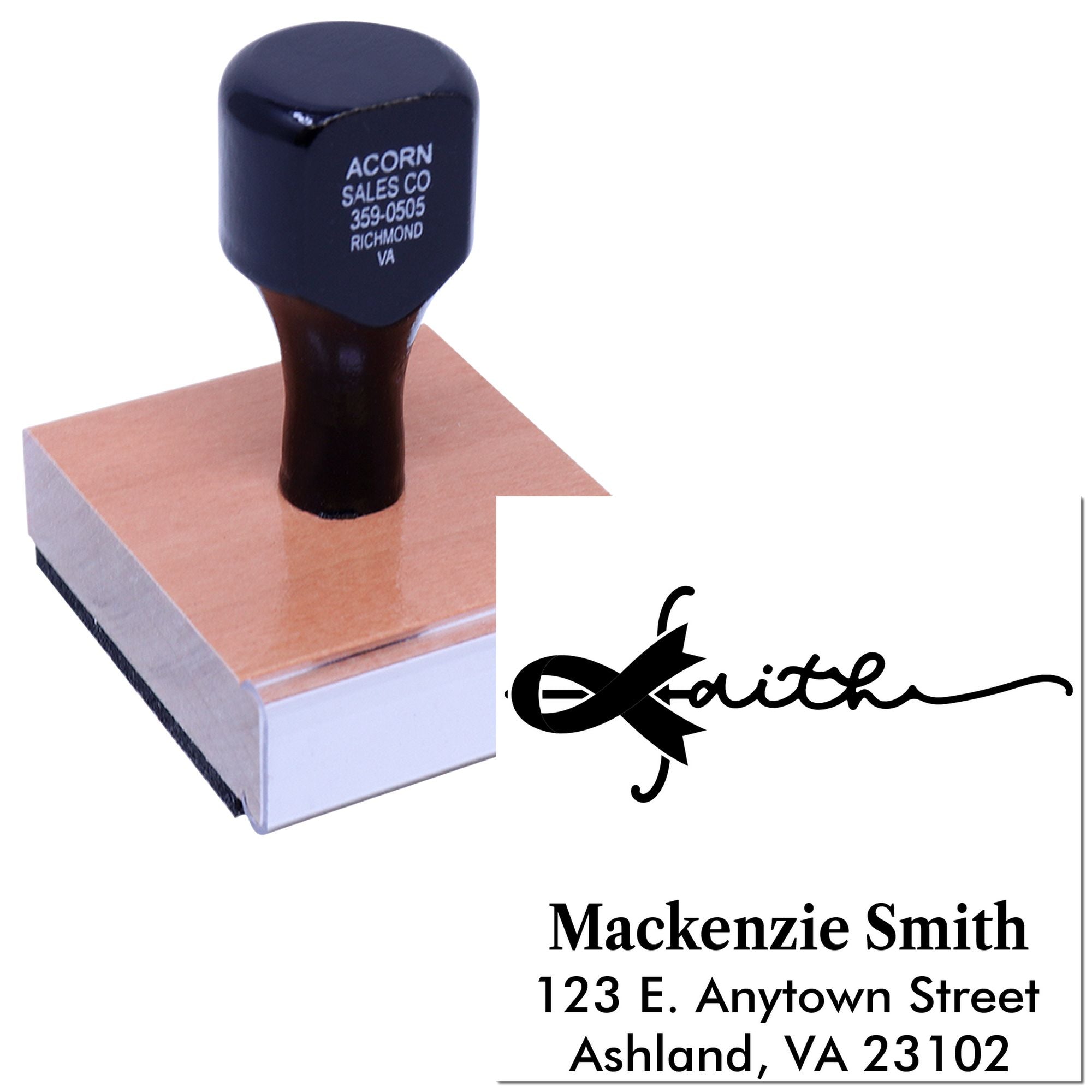 Custom rubber stamp with personalized faith design and return address imprint for envelopes, cards, and business mail.
