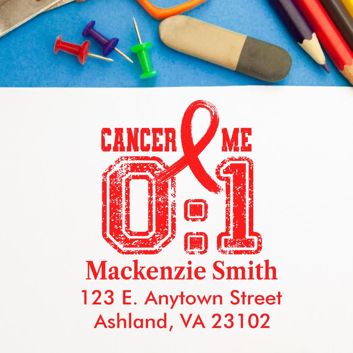 Personalized cancer awareness rubber stamp with red ribbon and return address for fundraising mail.