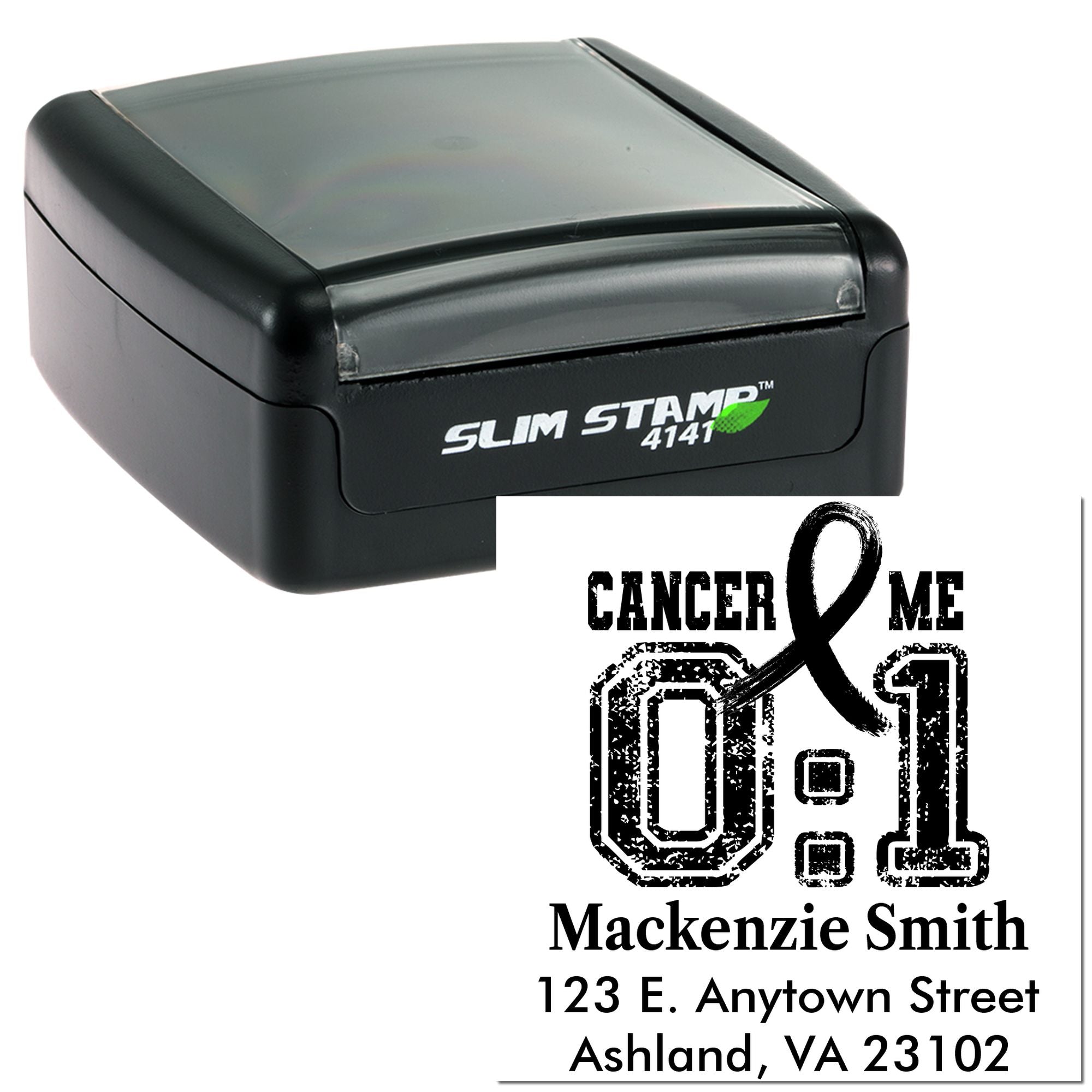 Custom self-inking rubber stamp with cancer ribbon design and return address for cancer awareness mailings