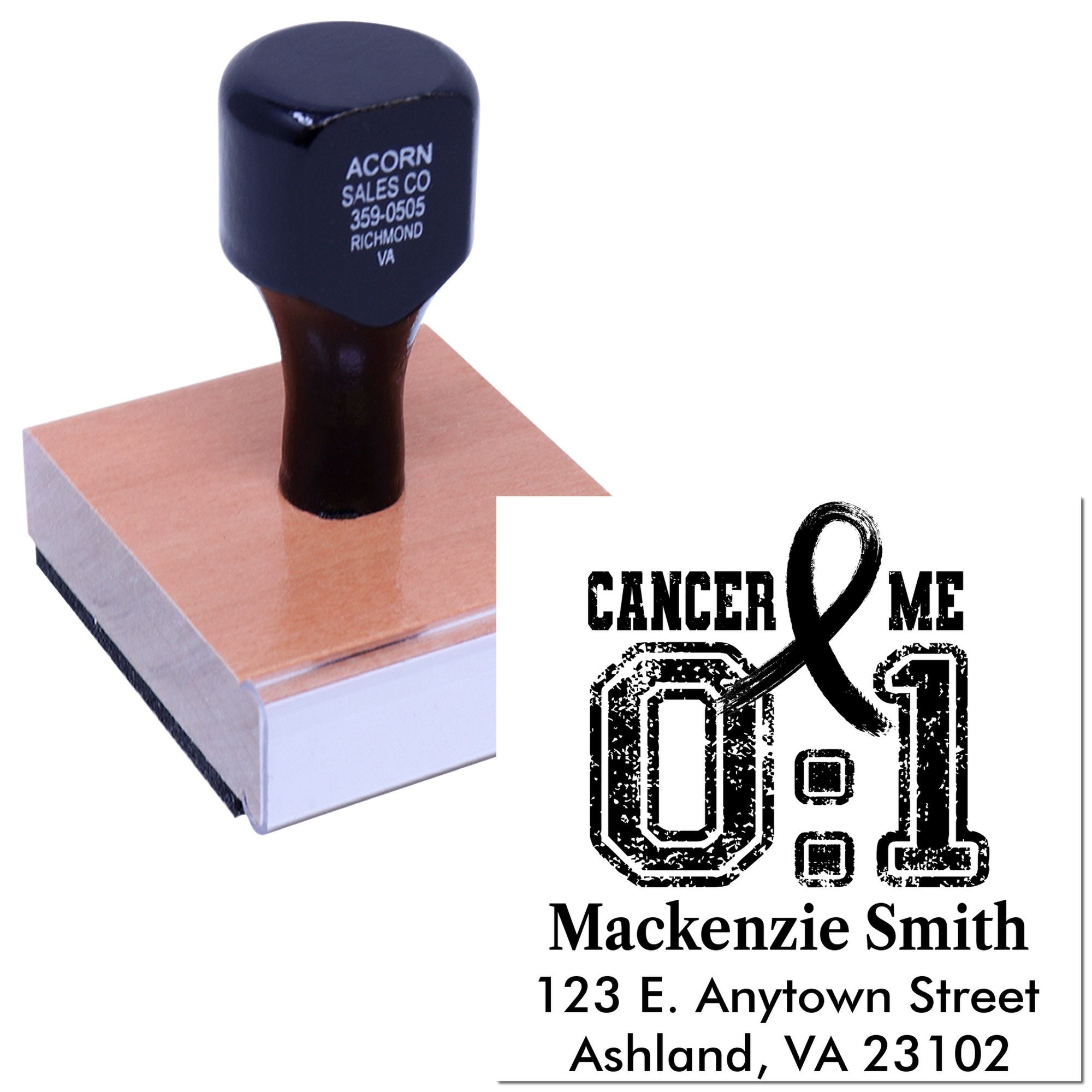 Custom rubber stamp mockup with cancer awareness ribbon and personalized name-address imprint.