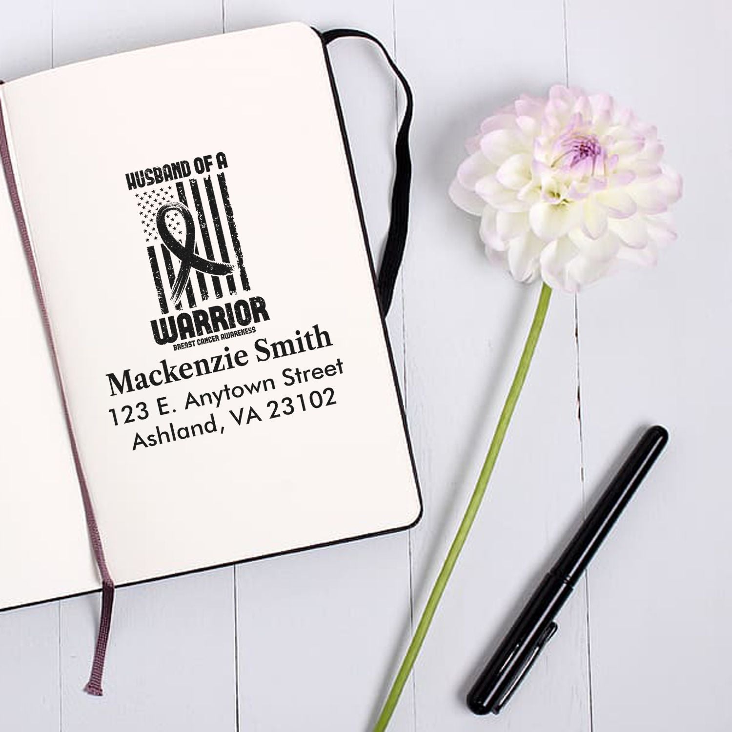 Personalized rubber stamp for breast cancer awareness, featuring Husband of a Warrior name and address design.