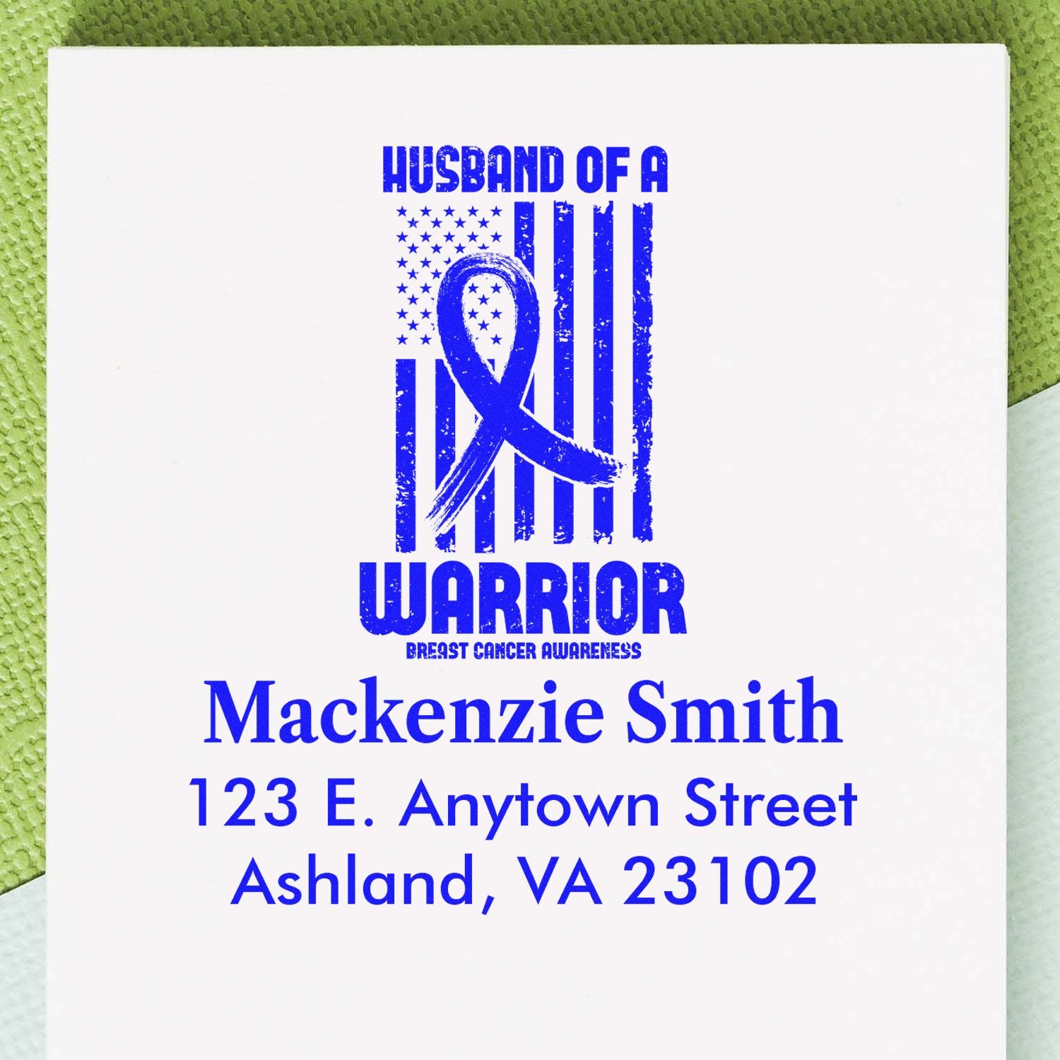 Custom breast cancer awareness rubber stamp for husband of a warrior, personalized with name and address.