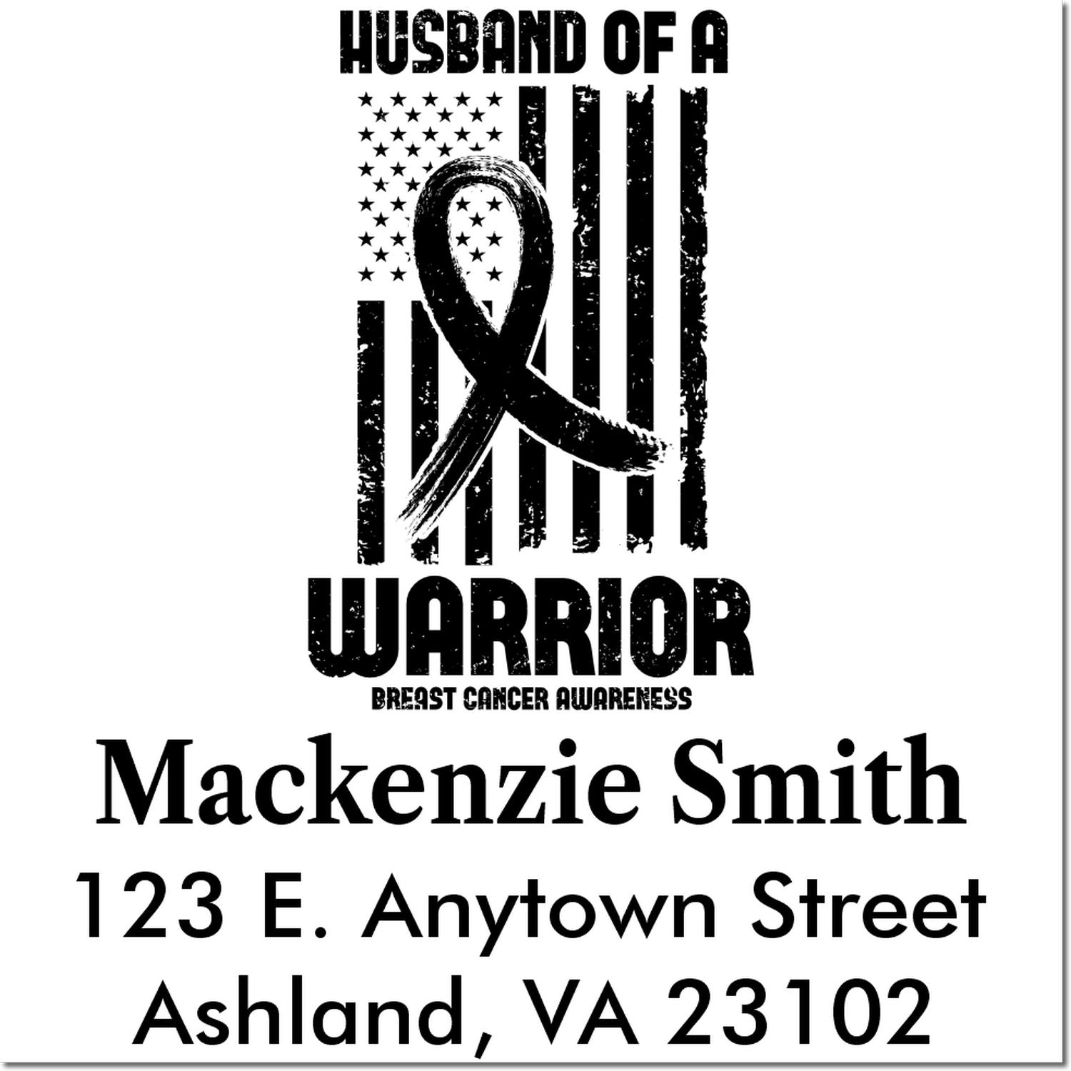 Custom return address rubber stamp for Breast Cancer Awareness, featuring Husband of a Warrior and personalized name and address.