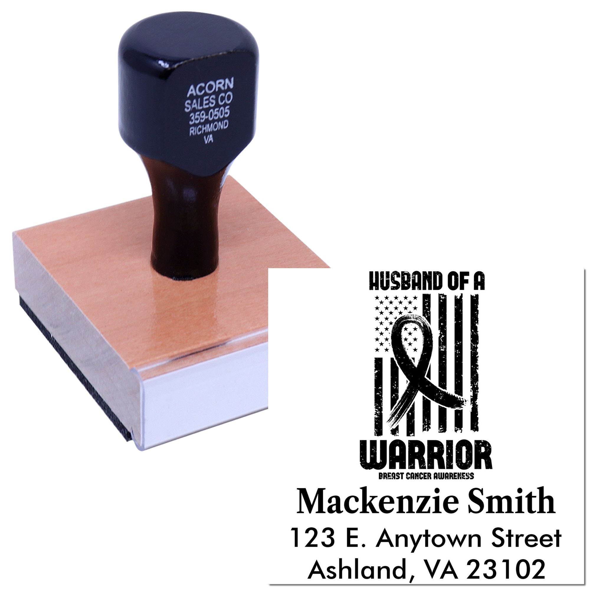 Custom rubber stamp for breast cancer awareness featuring Husband of a Warrior and a personalized return address imprint.