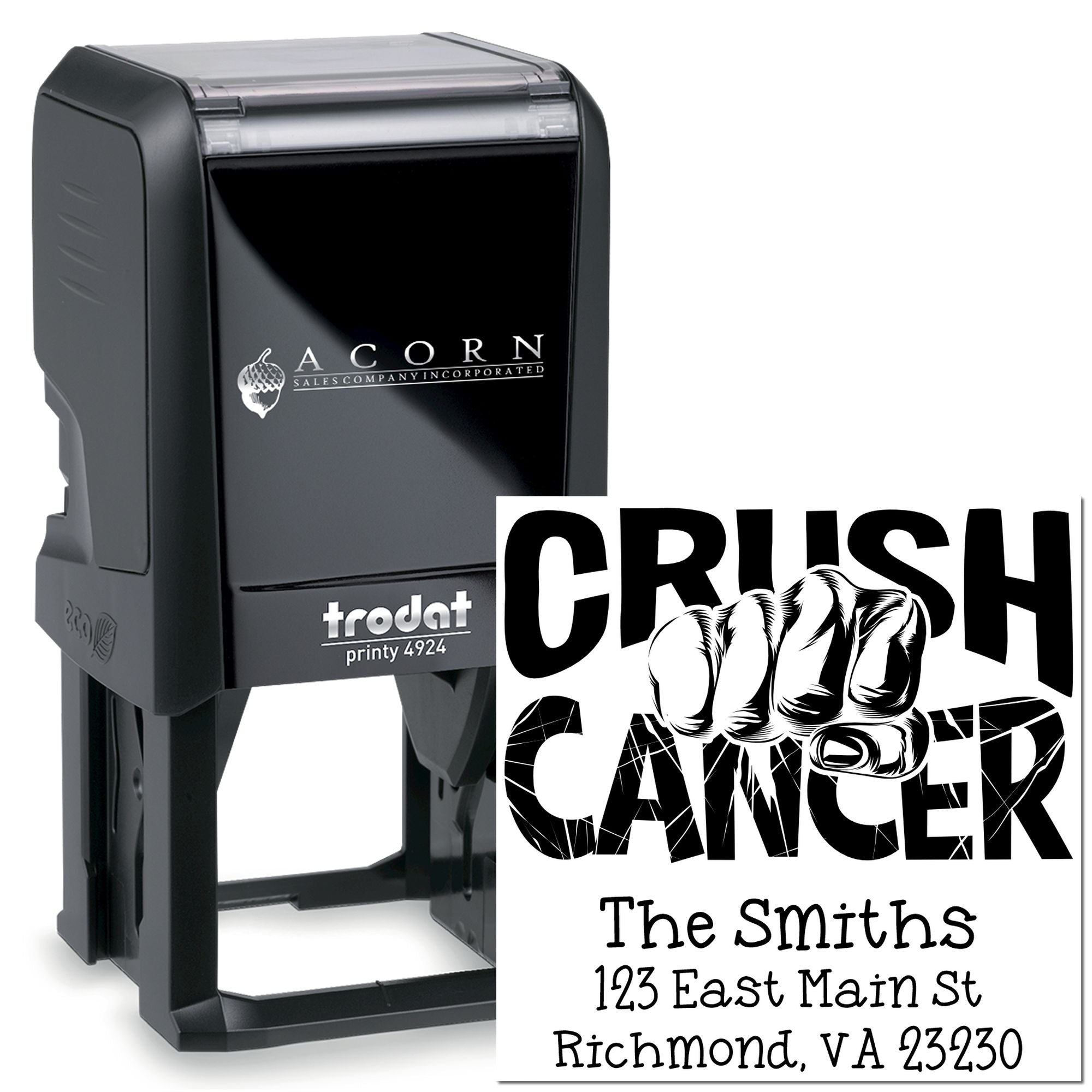 Trodat Printy 4924 self-inking custom rubber stamp with personalized logo and address imprint for business branding.