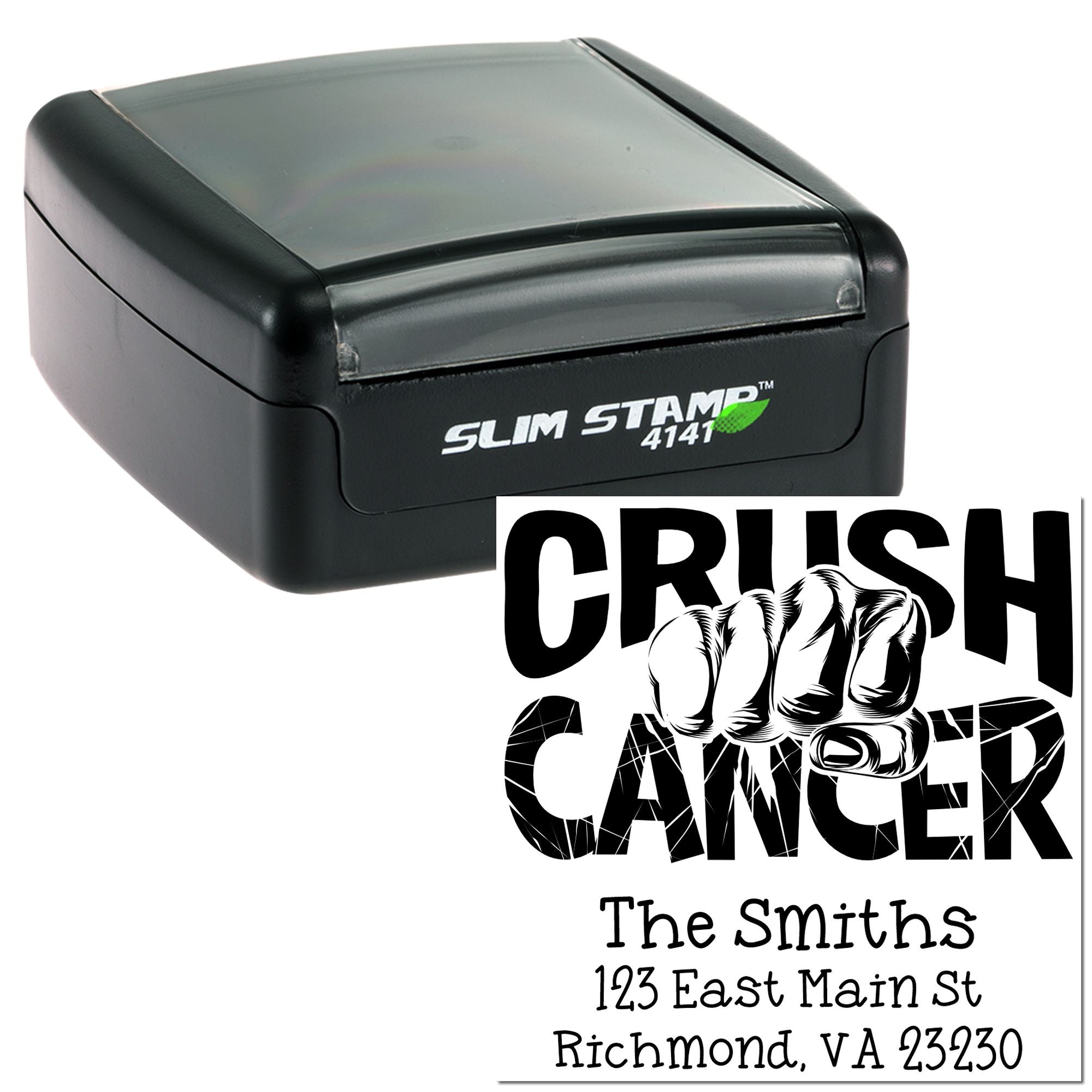 Custom self-inking rubber stamp with Crush Cancer return address design for personalized mailing.