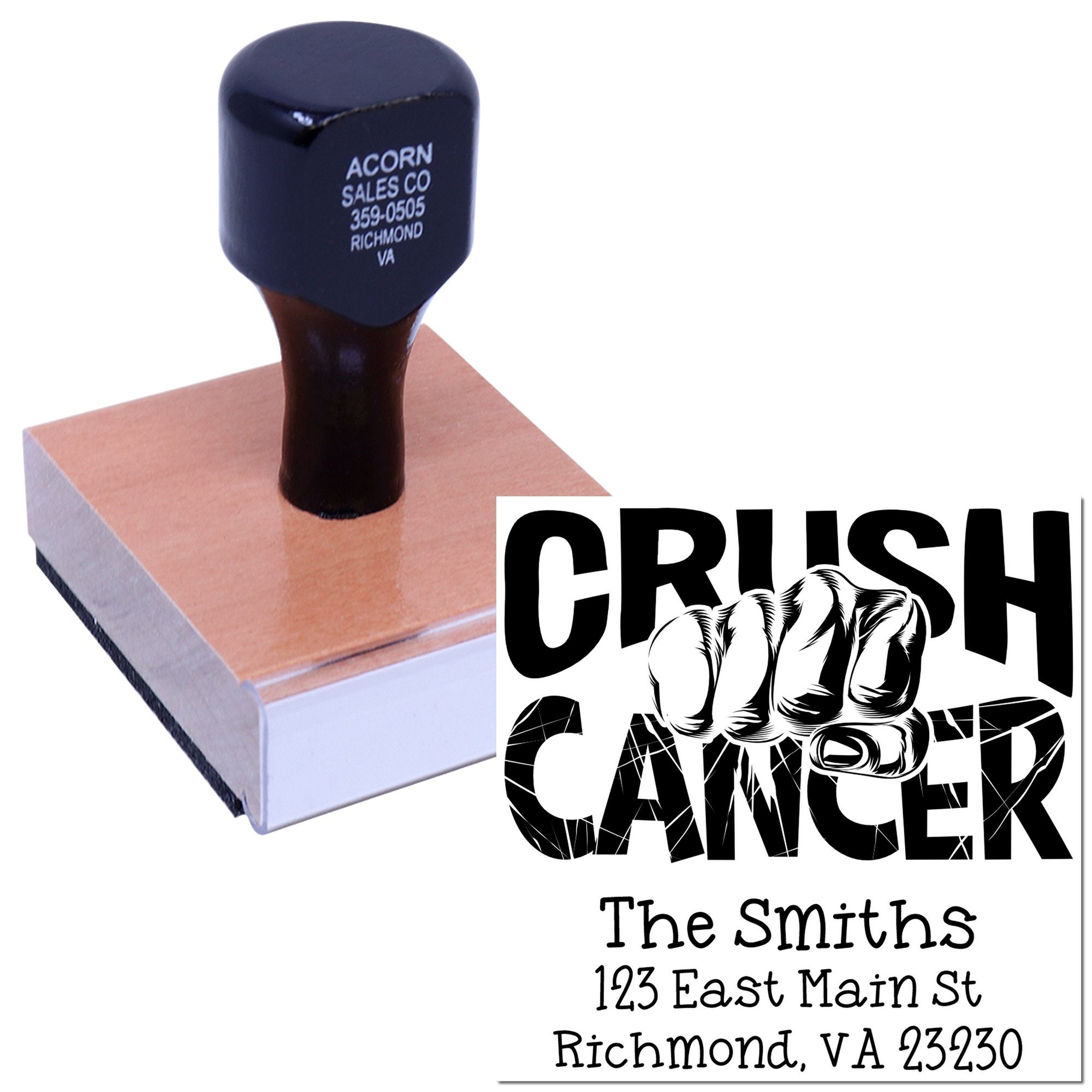 Custom address rubber stamp with Crush Cancer design, ideal for cancer awareness cards and personalized mailings.