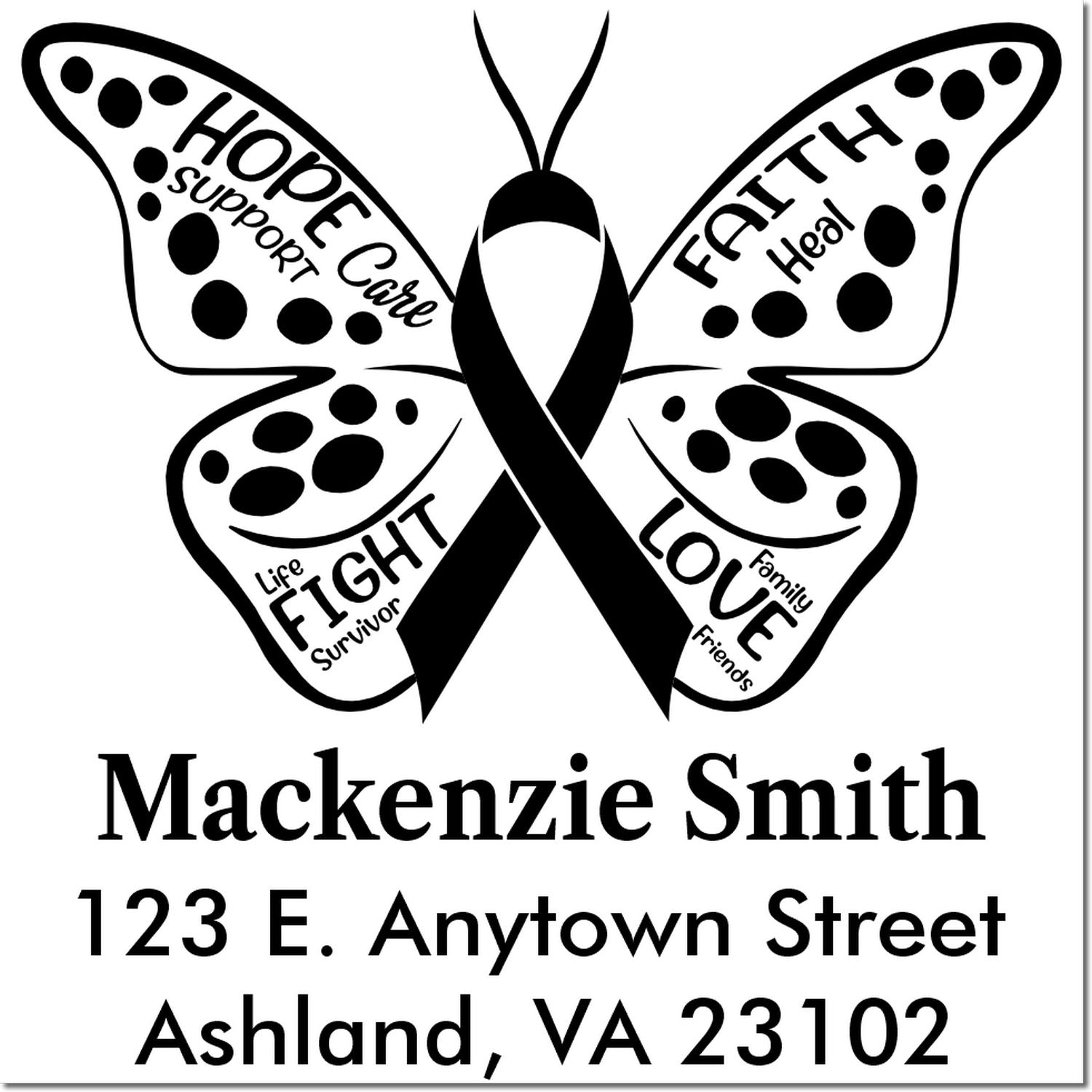 Custom butterfly cancer awareness return address stamp with ribbon, hope, faith, support, and personalized name and address.
