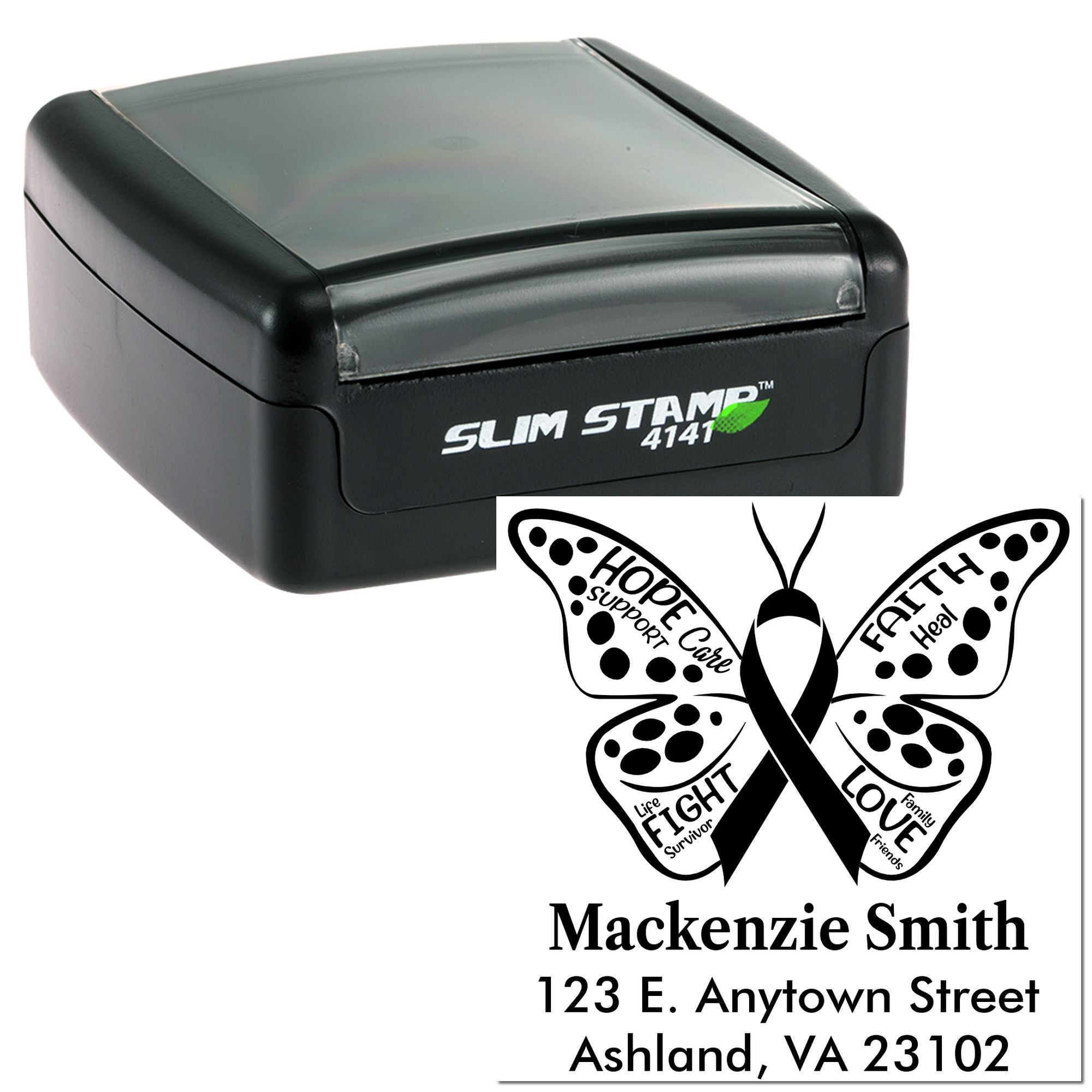 Custom self-inking rubber stamp with butterfly cancer awareness ribbon and return address for personalized mailing.