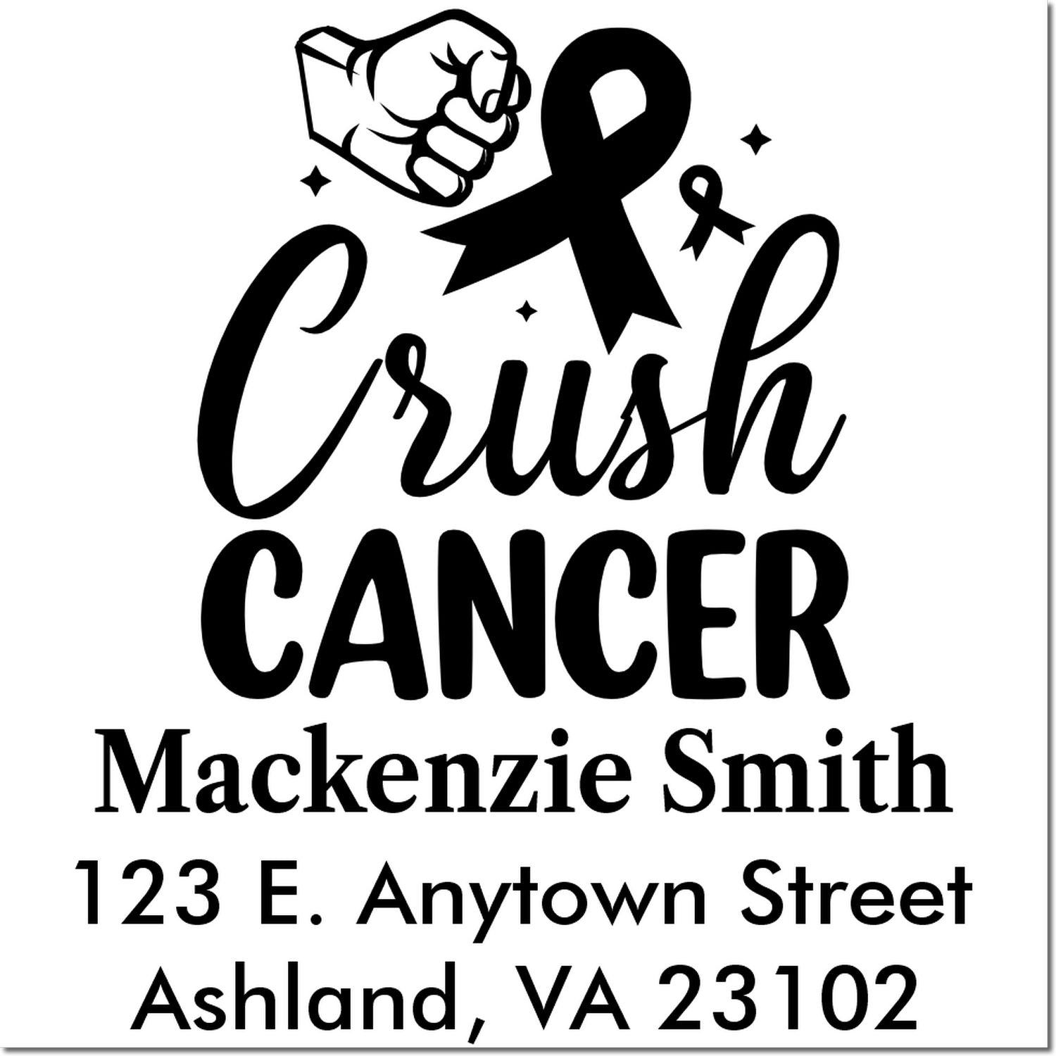 Custom Crush Cancer awareness rubber stamp with fist and ribbon, personalized name and address.