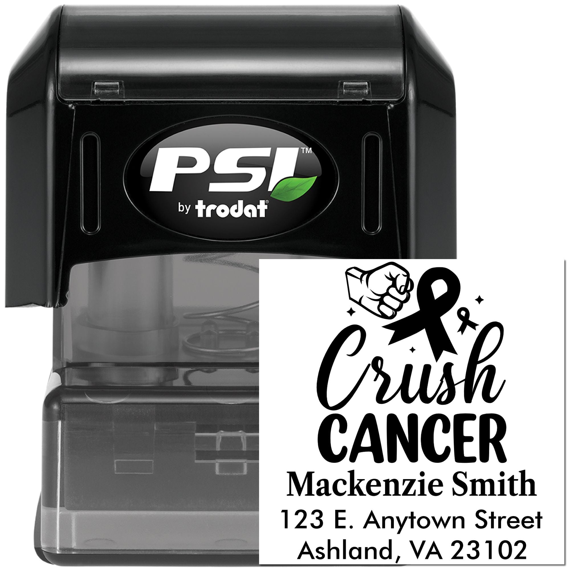 Self-inking PSI by Trodat rubber stamp with custom Crush Cancer awareness design and personalized name and address imprint.