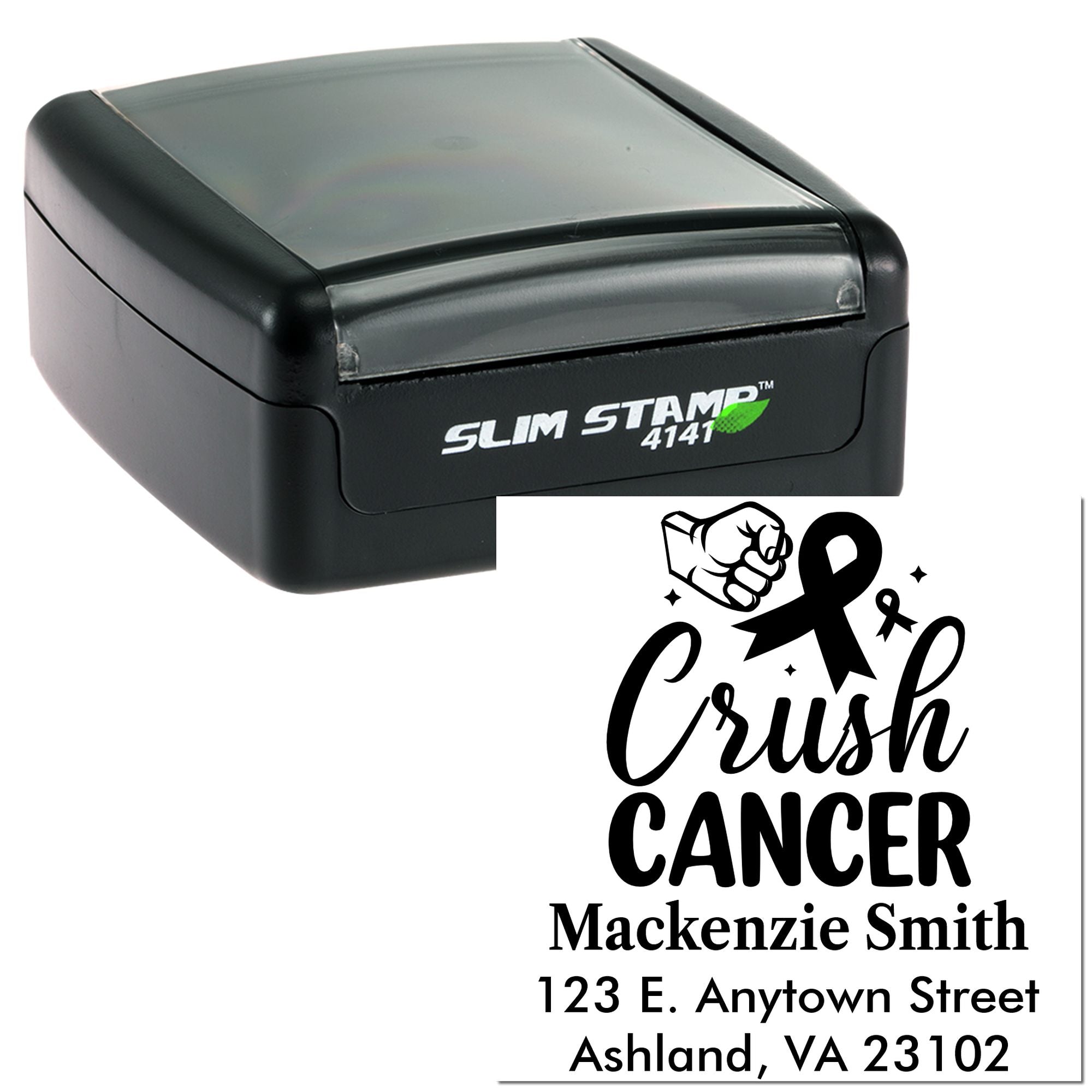 Custom self-inking rubber stamp with Crush Cancer awareness design and return address for personalized mailings.