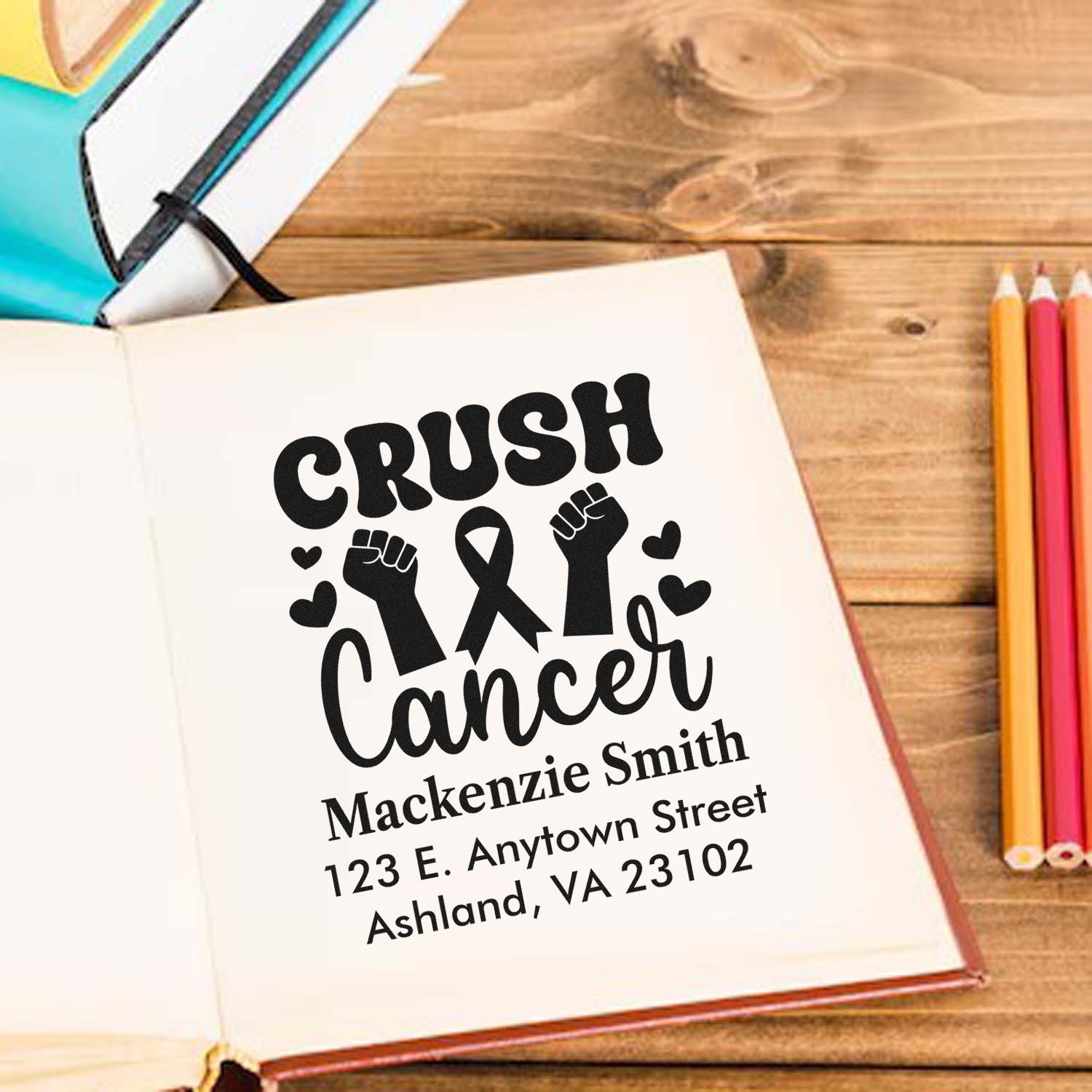 Custom rubber stamp design for Crush Cancer awareness with personalized name and address.
