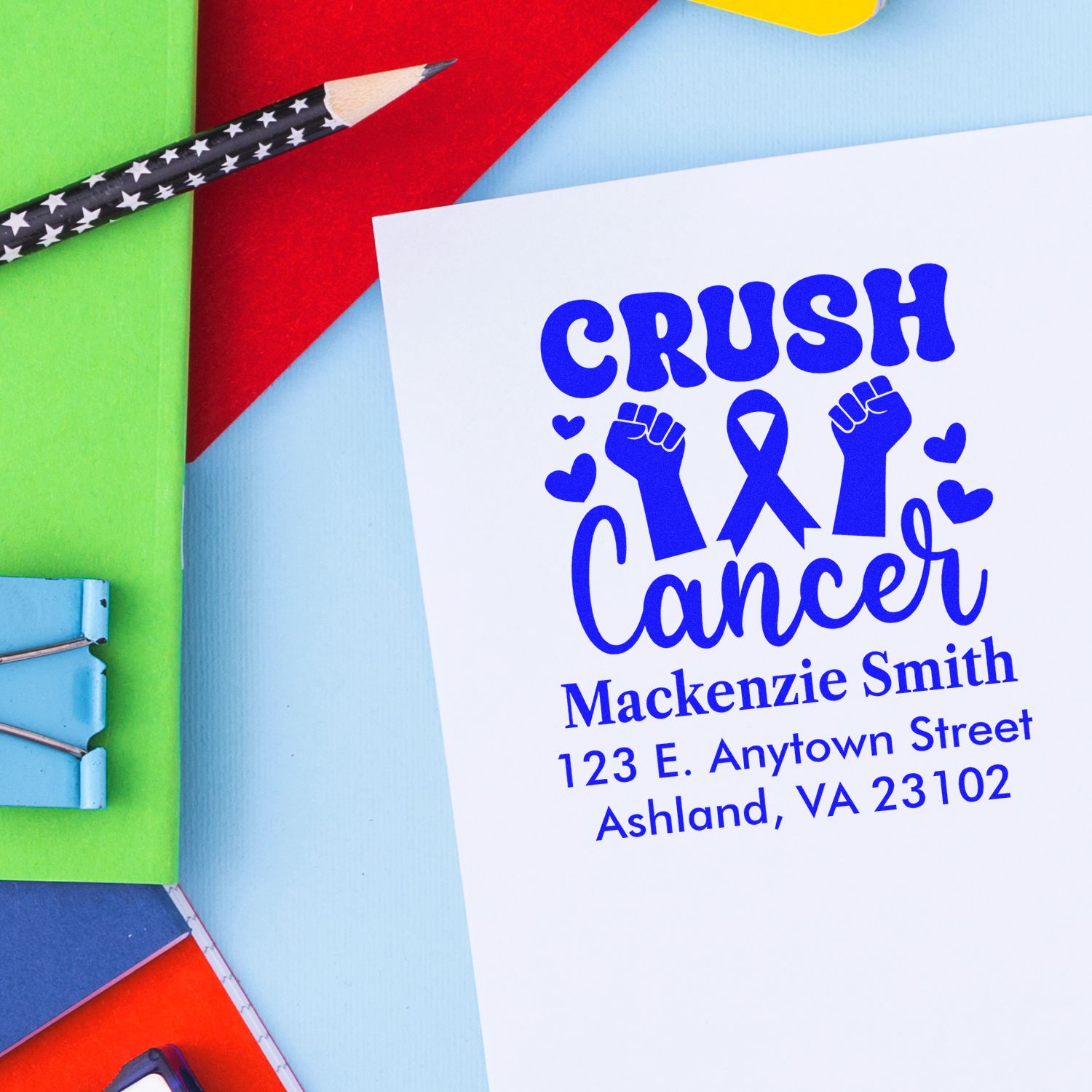Custom cancer awareness rubber stamp design with Crush Cancer message, ribbon, fists, and hearts for support cards.