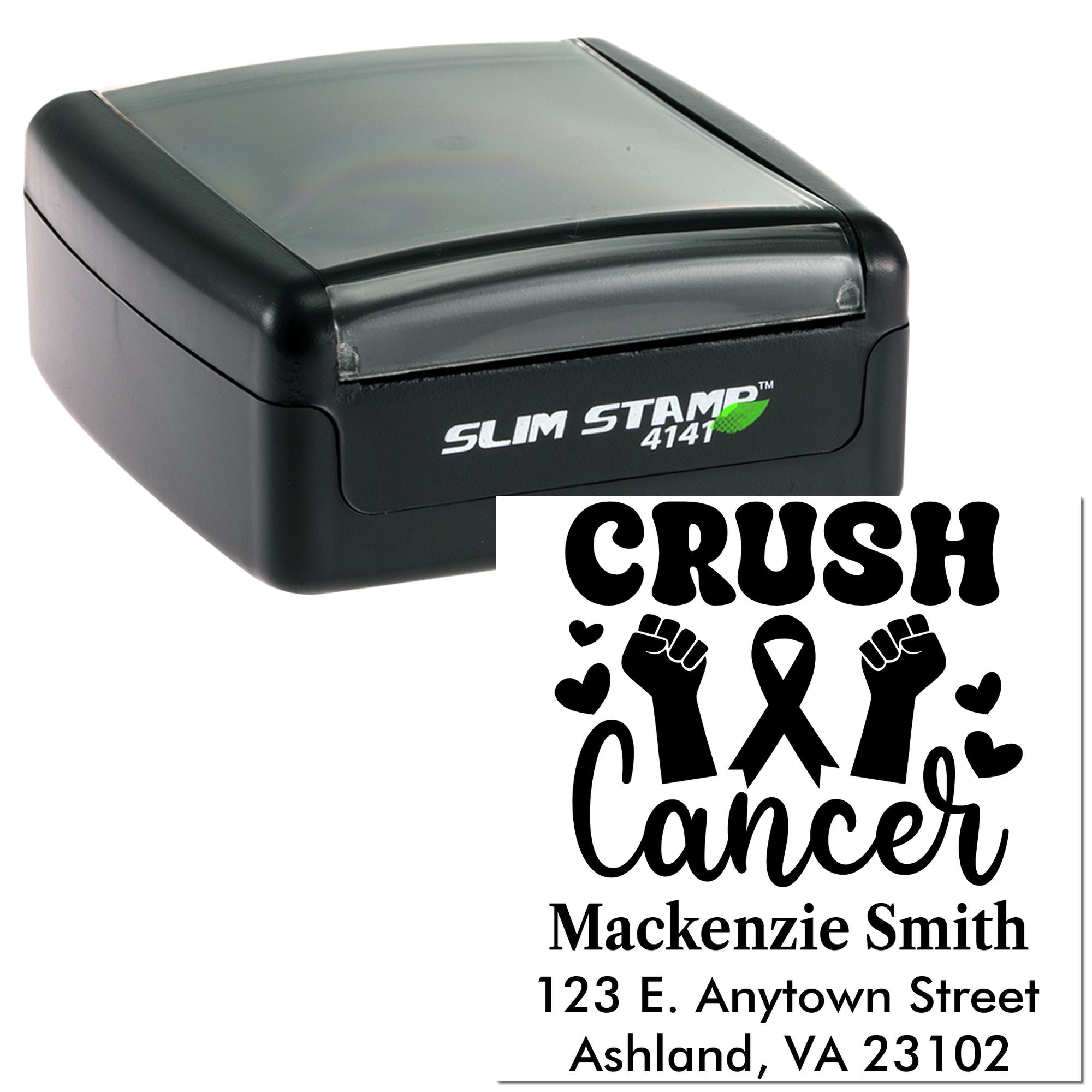 Self-inking Slim Stamp 4141 custom rubber address stamp with Crush Cancer ribbon design, name, and address.