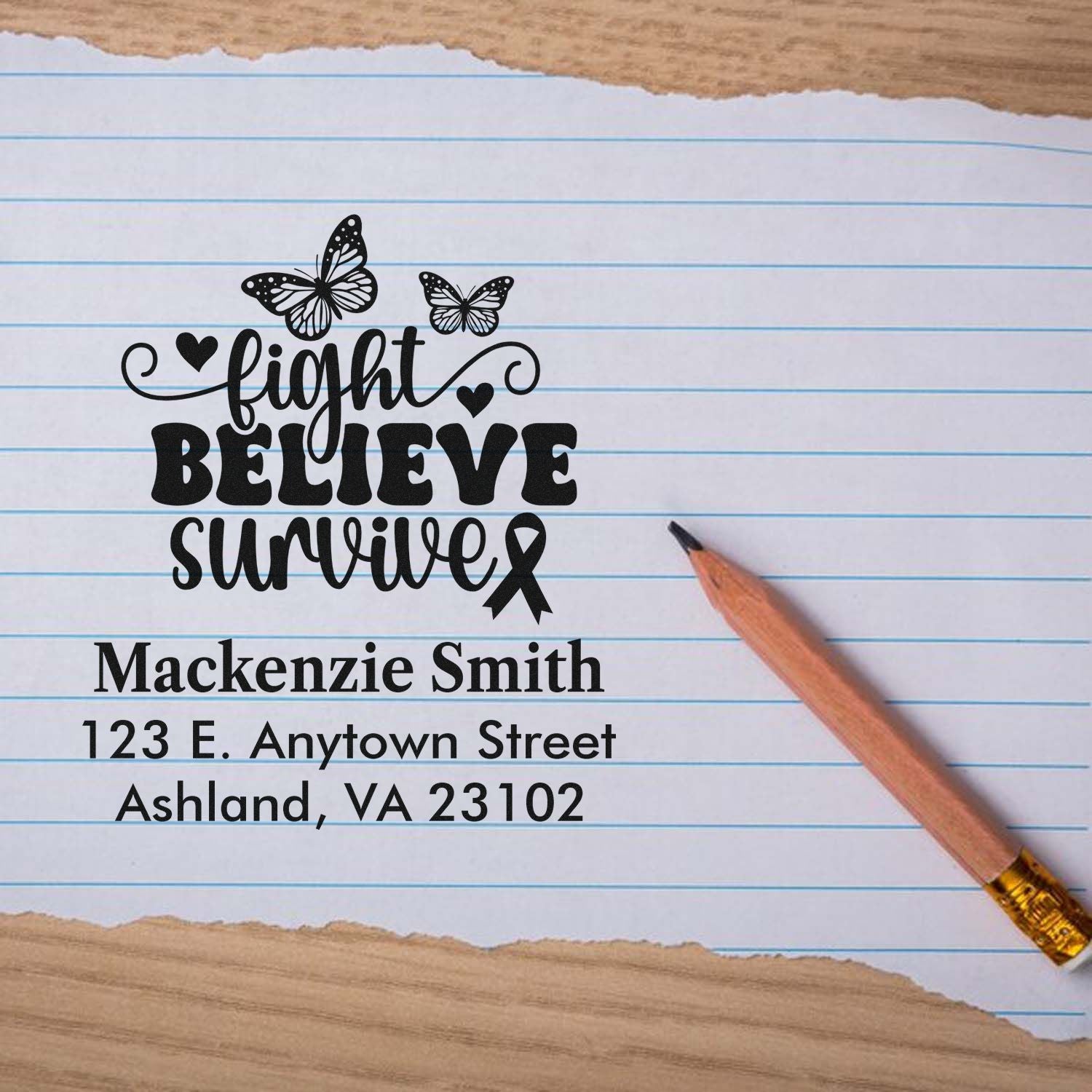 Custom rubber stamp with Fight Believe Survive butterfly design and personalized name and address for cancer awareness gifts