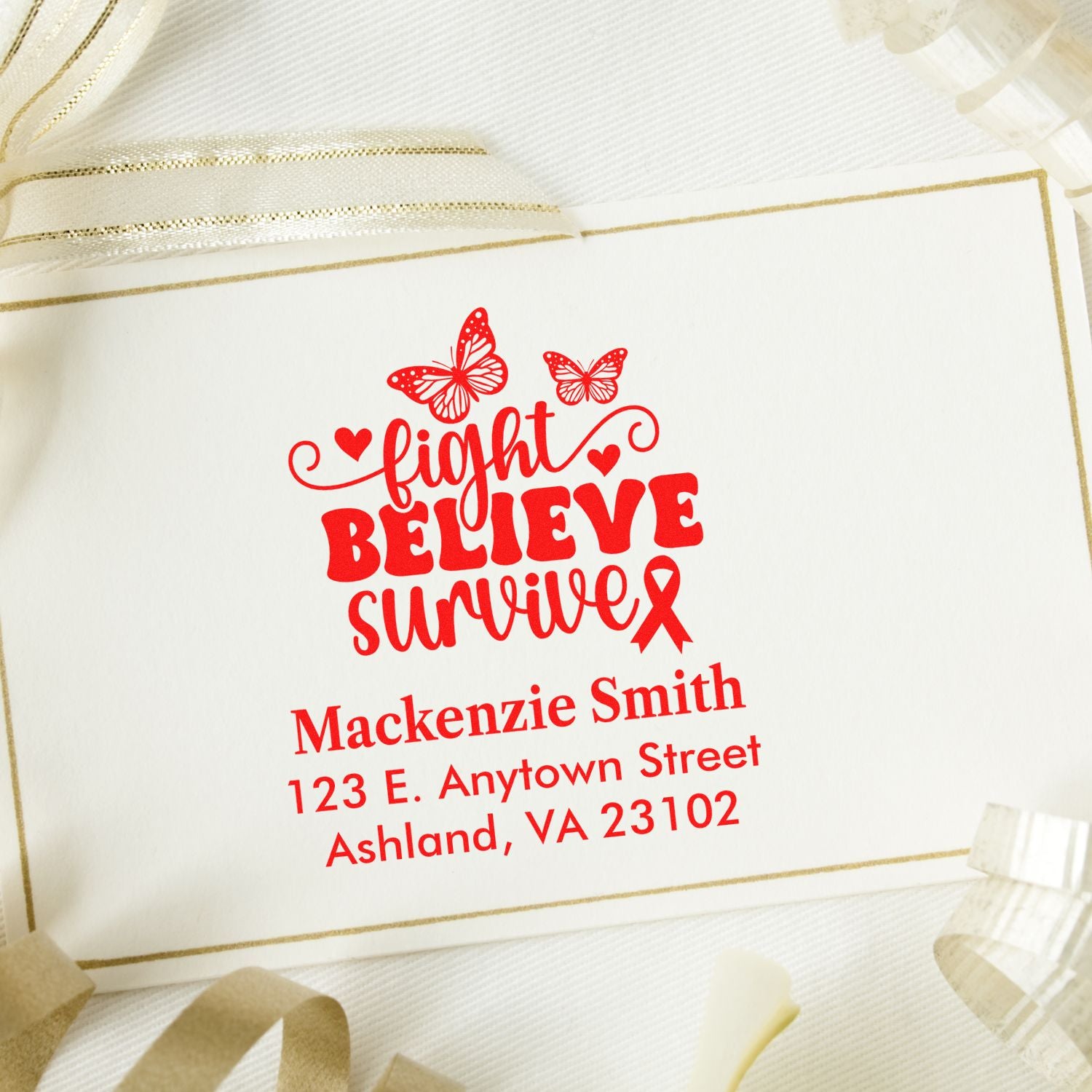 Custom rubber stamp for breast cancer awareness cards with fight believe survive message, butterflies, and return address.
