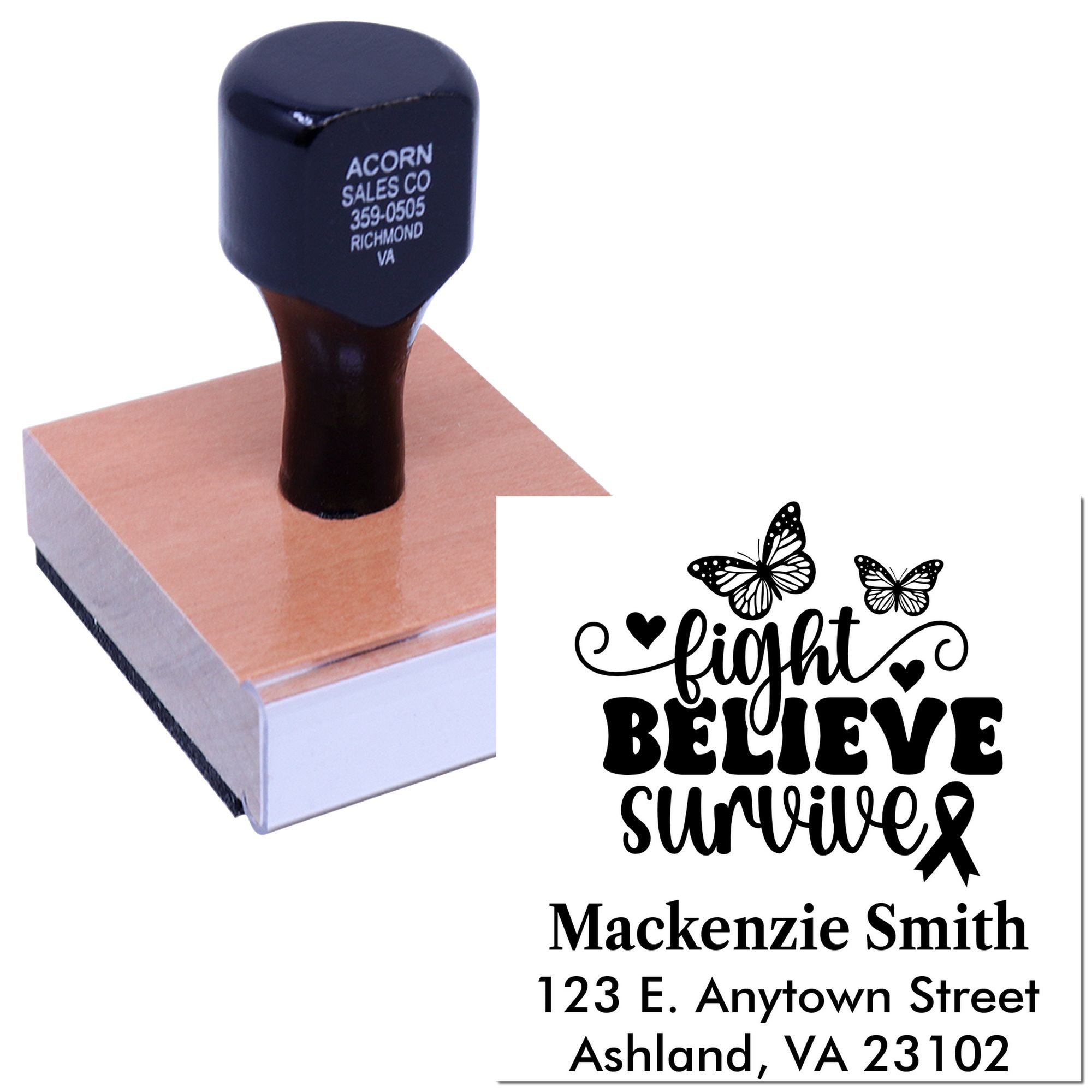Custom rubber stamp with butterfly Fight Believe Survive awareness design and personalized name/address imprint.