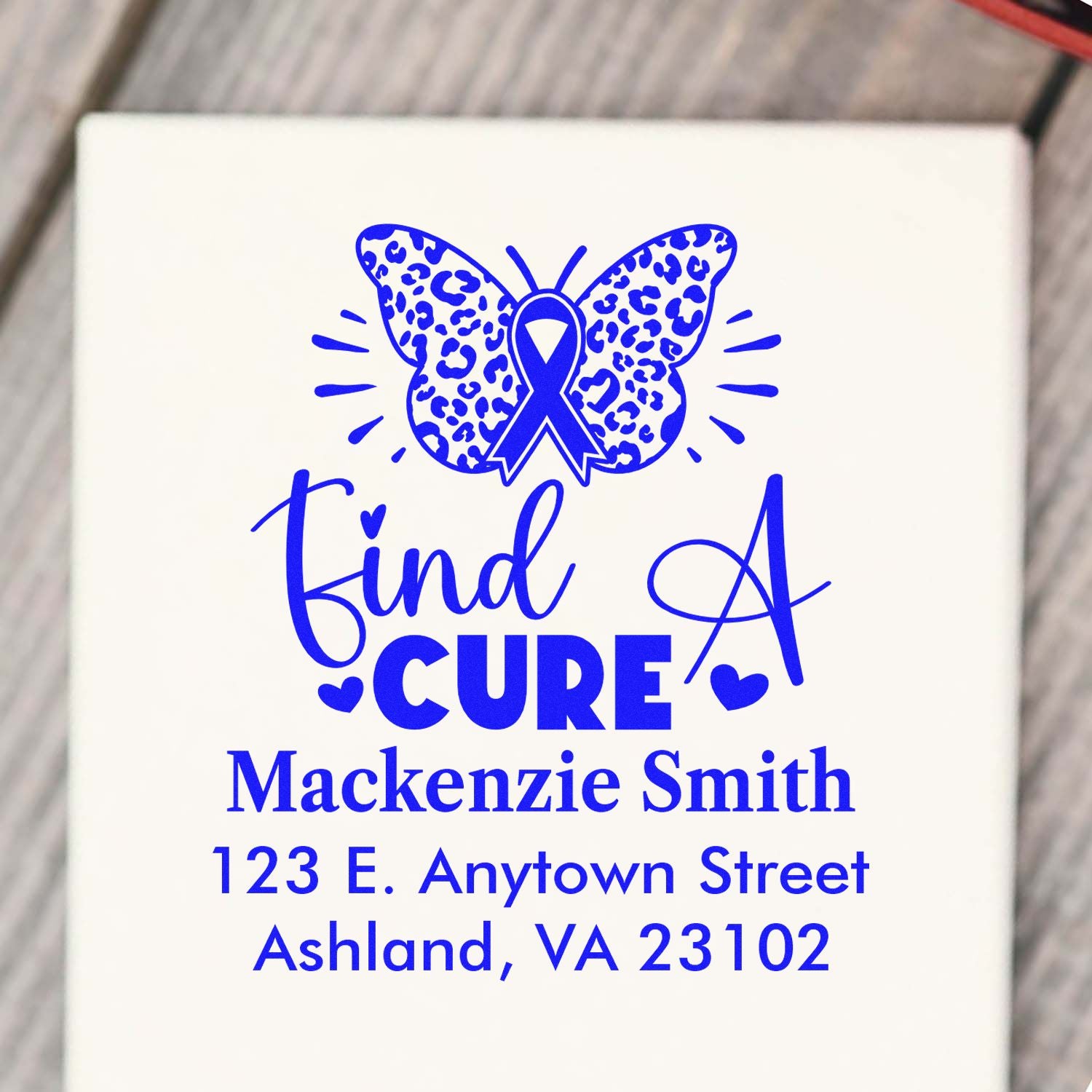 Custom cancer awareness rubber stamp with butterfly ribbon and personalized return address for Mackenzie Smith, Ashland VA.