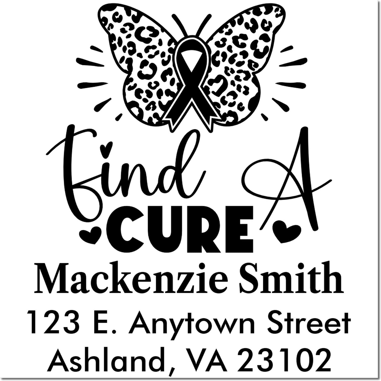 Custom rubber stamp with butterfly ribbon and Find a Cure breast cancer awareness design, personalized for Mackenzie Smith, Ashland VA.