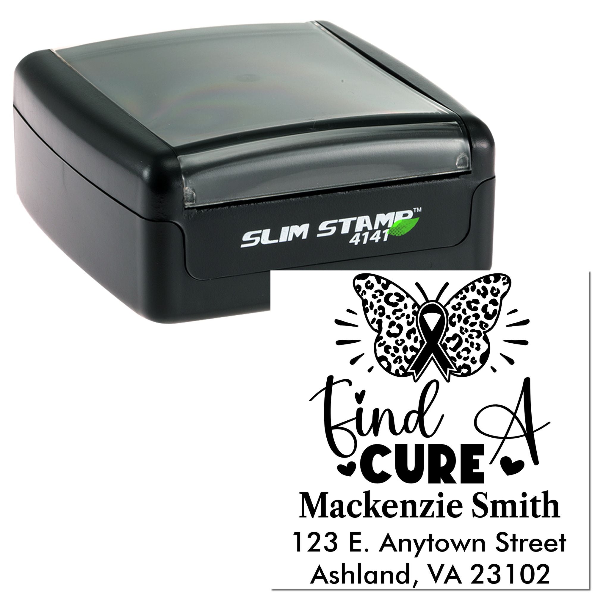 Custom self-inking rubber stamp with breast cancer awareness butterfly design and return address for personalized mailings.
