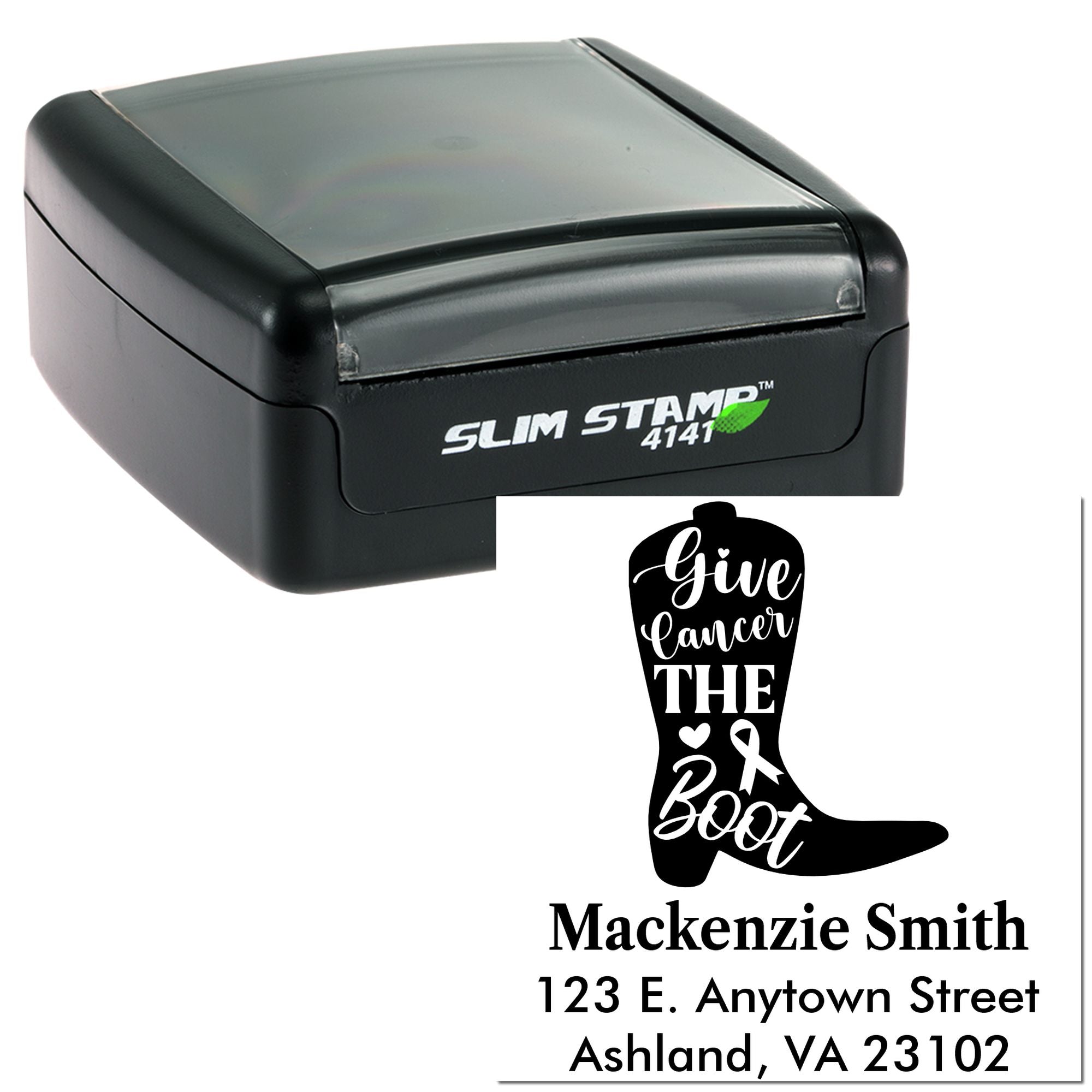 Custom self-inking rubber stamp with cancer awareness boot design and return address for personalized mailing labels.