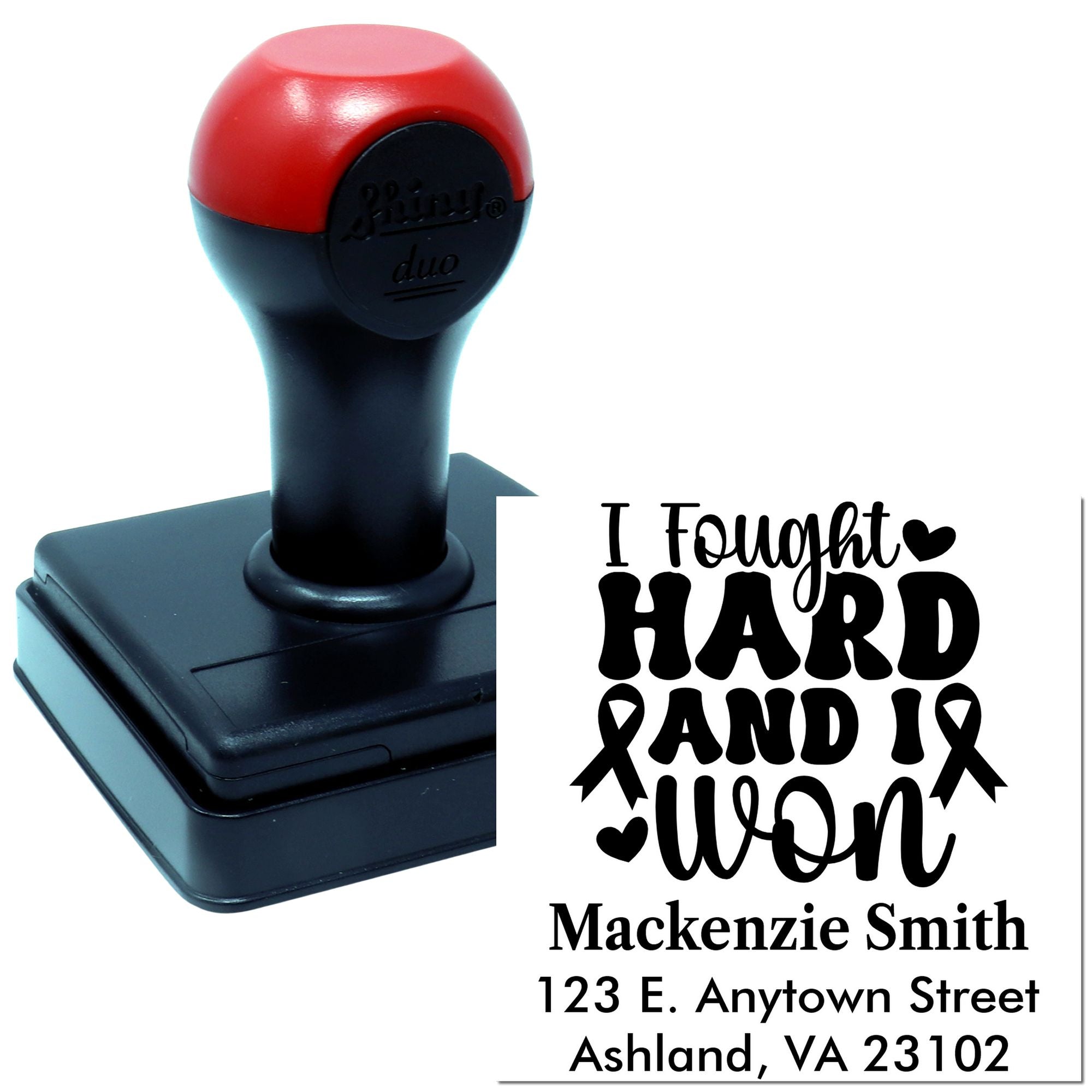 Custom personalized rubber stamp with I Fought Hard and Won cancer awareness design and ribbon icon.