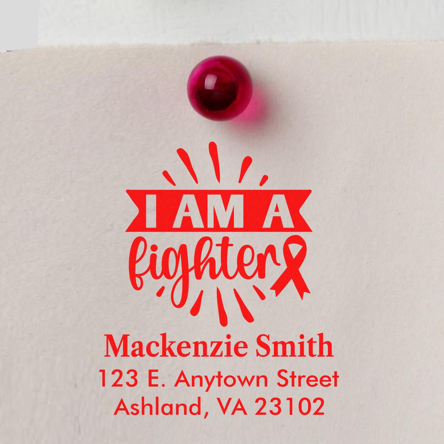 Custom rubber stamp with I am a fighter pink ribbon design, personalized name and address for cancer awareness.
