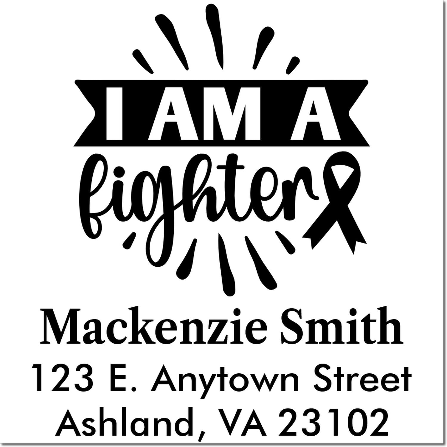 Personalized rubber stamp with breast cancer awareness I Am a Fighter ribbon design, name, and address.