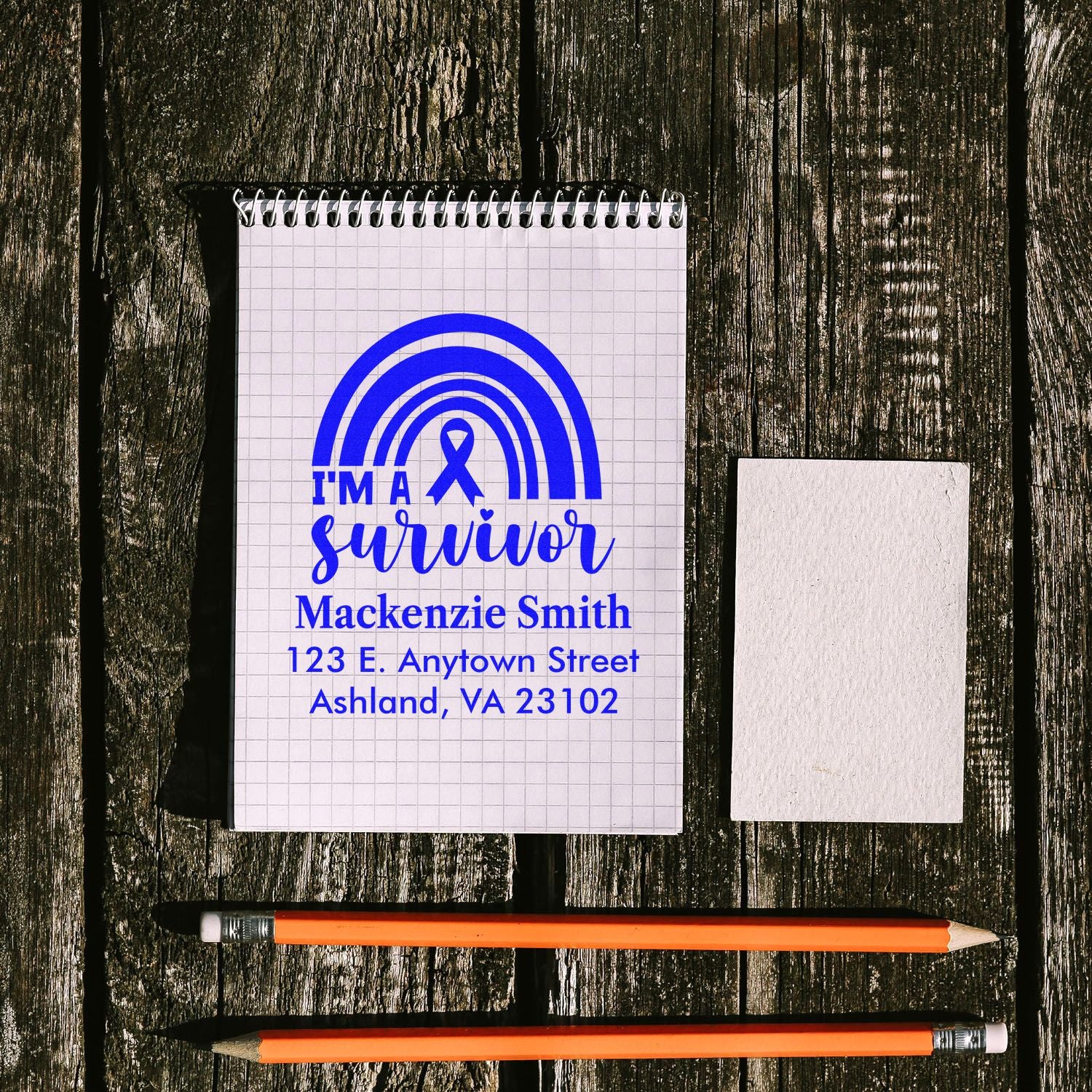 Personalized Im a Survivor address rubber stamp with rainbow ribbon for awareness mailings and stationery.