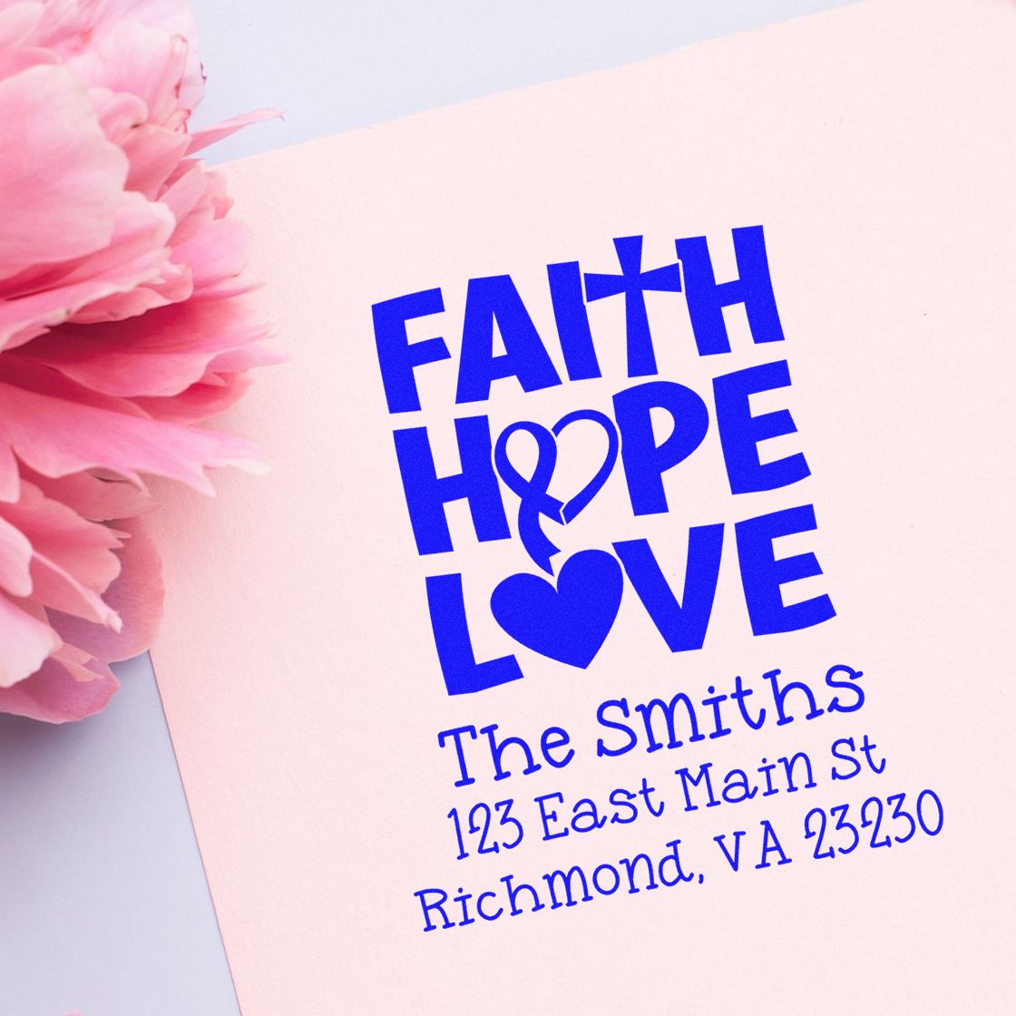 Personalized faith, hope and love return address rubber stamp for The Smiths, Richmond, VA stationery.