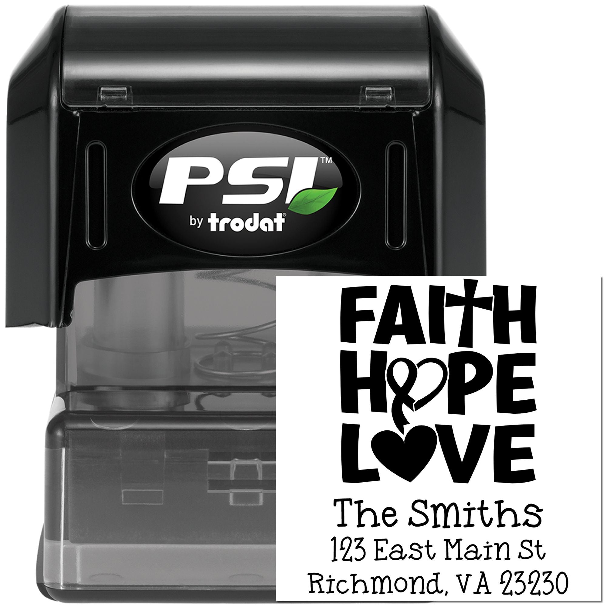 PSI by Trodat self-inking rubber stamp showing a custom Faith Hope Love address stamp design for personalized mail.
