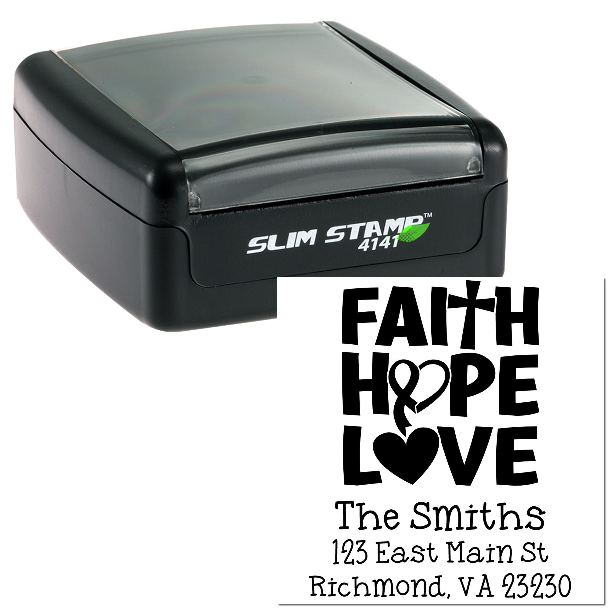 Custom Slim Stamp 4141 self-inking rubber stamp with Faith Hope Love return address for The Smiths, Richmond VA 23230