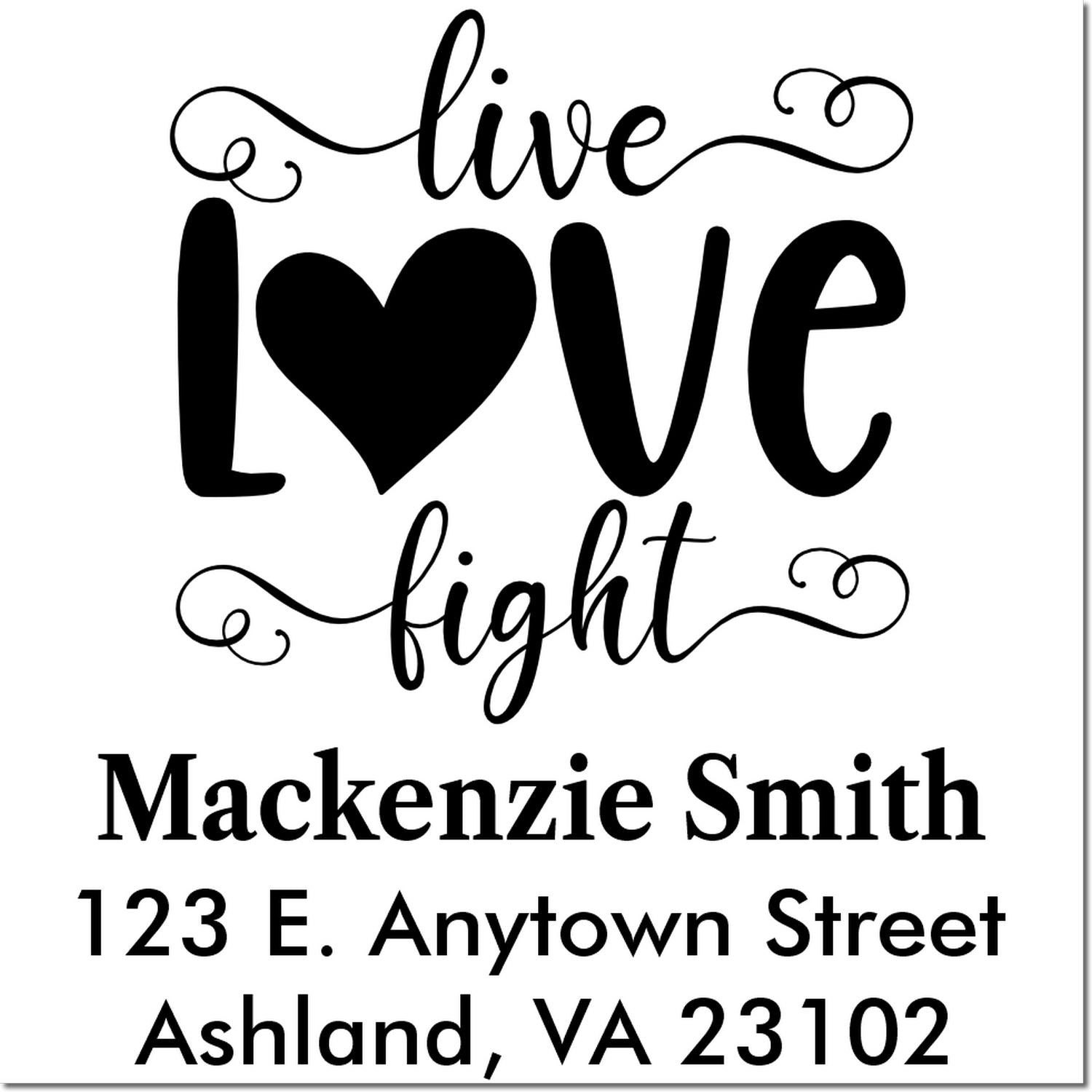 Custom rubber stamp design with live love fight and personalized return address for Mackenzie Smith, Ashland, VA 23102.